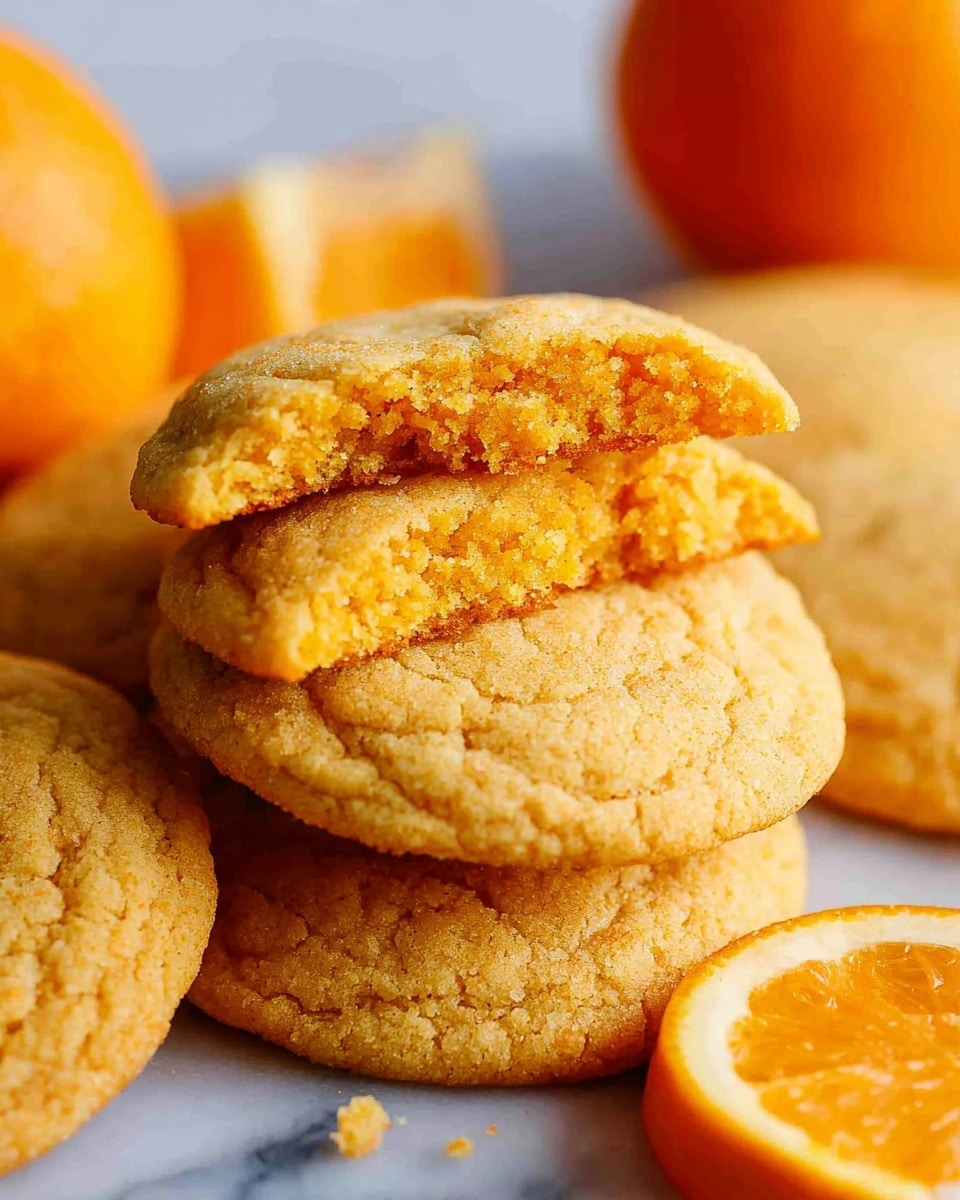 A close-up image of a stack of soft, round orange cookies on a white marbled surface, with one cookie broken in half and placed on top, showing a slightly crumbly, textured inside with a bright orange hue. The cookies have a light, smooth surface with uneven edges, and the background includes whole oranges and an orange slice near the cookies, adding a fresh, vibrant contrast. Photo taken with an iphone --ar 4:5 --v 7