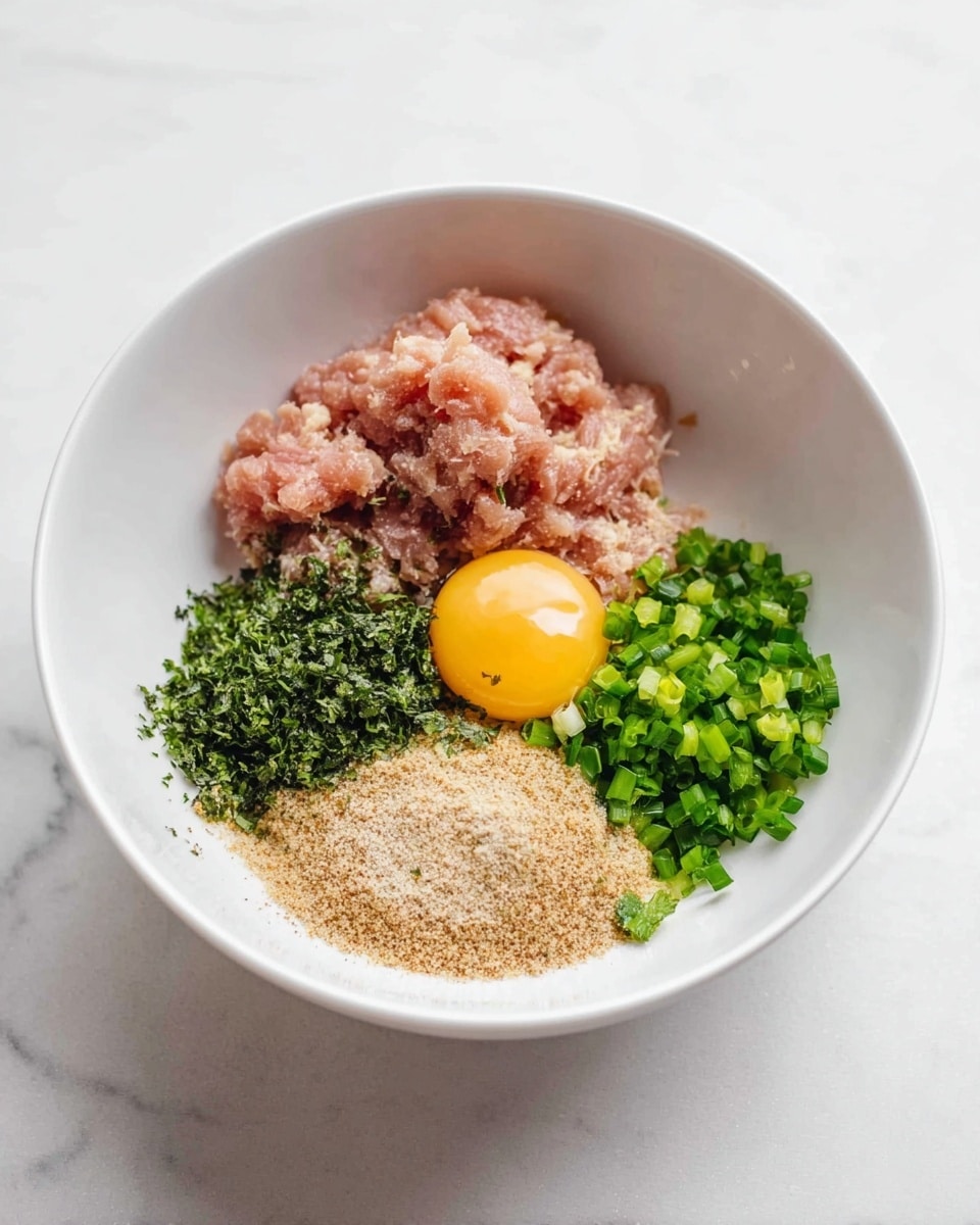 A white bowl sits on a white marbled texture surface, filled with six separate layers of ingredients. To the left, there is a large scoop of pale pink shredded tuna. Above the tuna, a whole raw egg with a bright yellow yolk and clear white is visible. To the right of the egg, there is a layer of fine light brown breadcrumbs. Next to the breadcrumbs, chopped green spring onions form a fresh green layer. In the center on top of the tuna, chopped dark green parsley is sprinkled evenly. In front of the tuna, there is a small pile of light brown seasoning powder. The bowl and ingredients are lit softly, showing textures and colors clearly. photo taken with an iphone --ar 4:5 --v 7