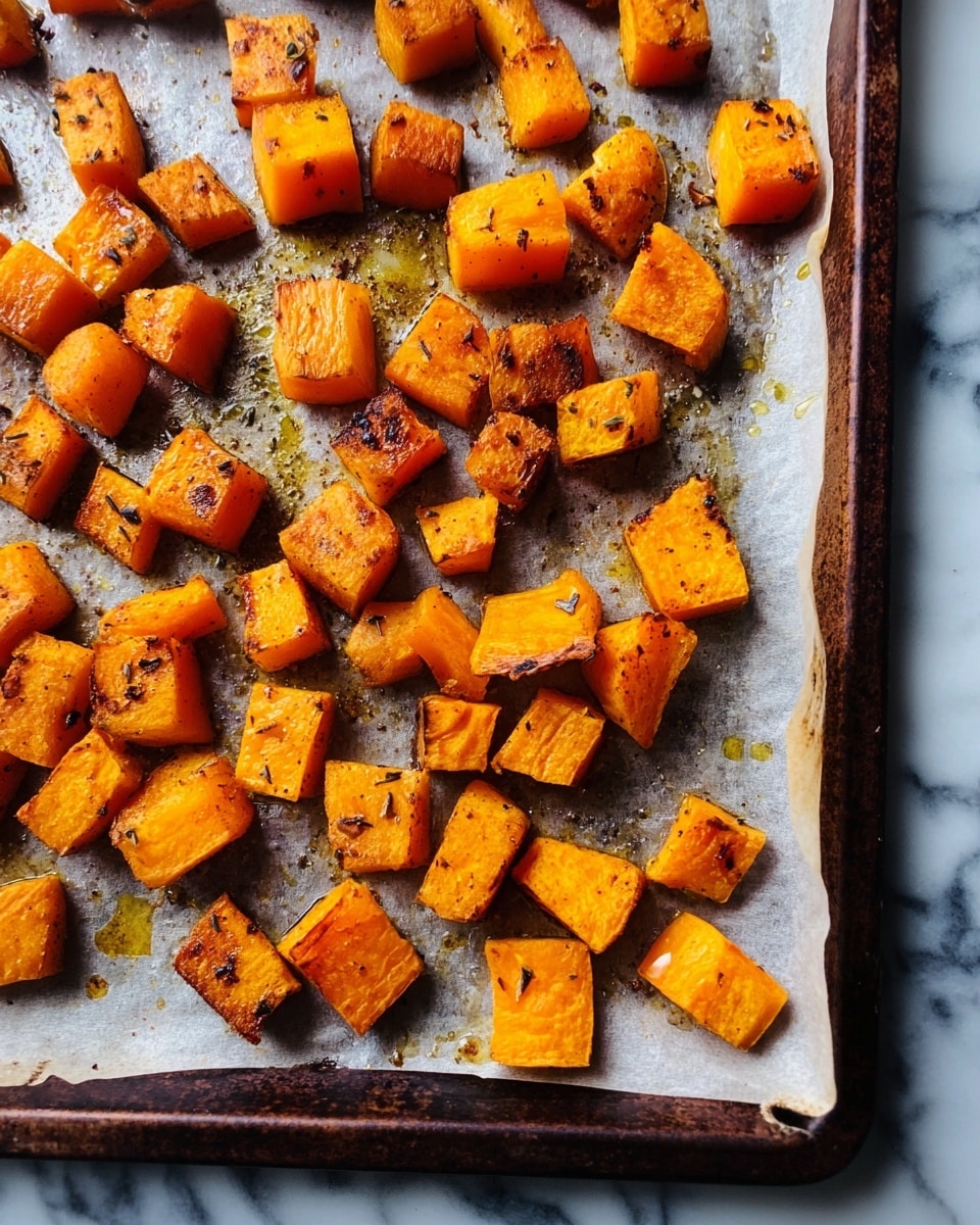 The image shows many pieces of roasted orange cubes on a baking tray lined with slightly crinkled parchment paper. The cubes have a light char with some brown edges and glistening drops of oil all around. The tray's metal edges are dark and slightly shiny, and the background is a white marbled surface. photo taken with an iphone --ar 4:5 --v 7
