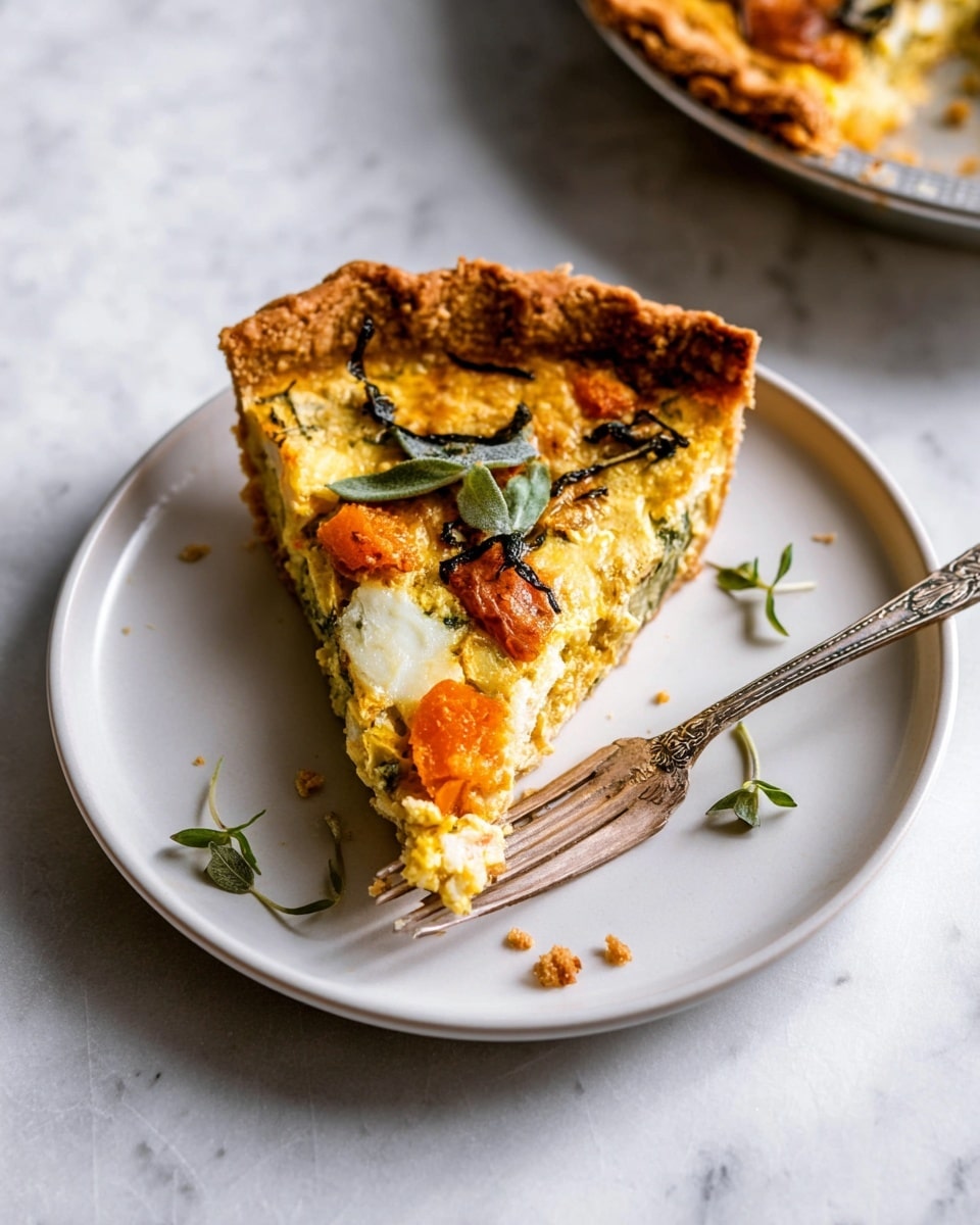 A single slice of savory pie sits on a white plate, showing three main layers: a thick, golden-brown crust with a rough, crumbly texture on the outside edge, a middle layer with yellow and white melted cheese mixed with soft green vegetable pieces, and an inner layer with orange chunks of cooked vegetable. The pie slice has a slightly uneven, rustic edge with small crumbs scattered nearby. On top of the cheese layer, fresh small green leaves add a touch of color and freshness. A vintage silver fork with intricate patterns rests on the plate beside the slice, with the pie dish partially visible in the background on a white marbled surface photo taken with an iphone --ar 4:5 --v 7