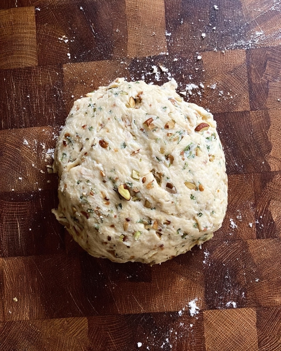 A round dough ball mixed with small bits of nuts and possibly seeds, with a cracked textured surface showing uneven softness and slight crumbly edges. The dough rests on a dark wooden checkered cutting board with some scattered crumbs around it. The overall color of the dough is pale beige with spots of light brown and green from the mixed bits. photo taken with an iphone --ar 4:5 --v 7