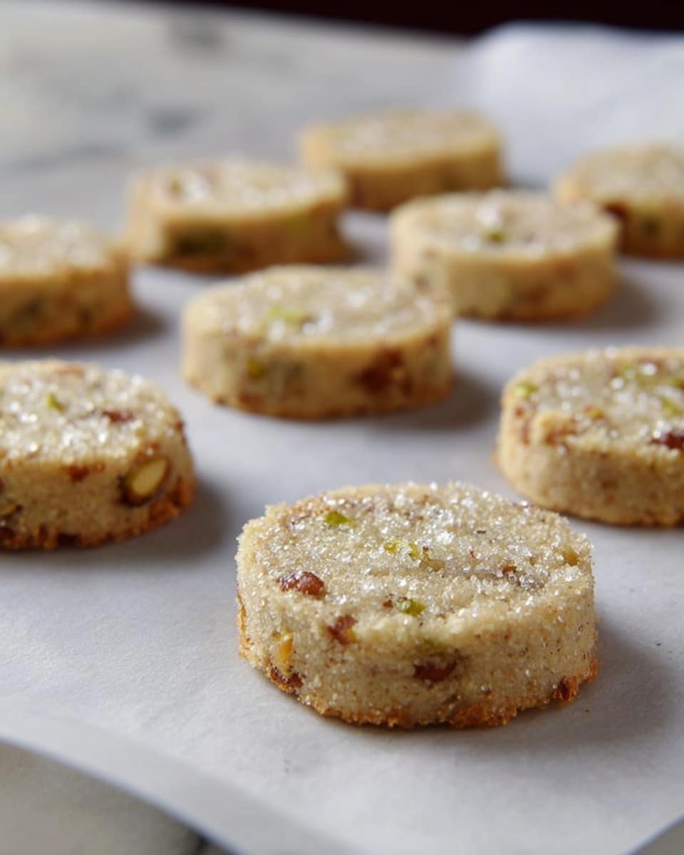 The image shows several uncooked round cookies placed on a white parchment paper over a white marbled surface. Each cookie is light beige with visible small bits of nuts and seeds inside, and the edges are coated with coarse sugar crystals that add a sparkling texture. The cookies are arranged in neat rows, and the focus is on one cookie in the front, making the others blur softly toward the back. The overall lighting is natural, highlighting the rough texture on the edges and the smooth, slightly grainy surface on top. Photo taken with an iphone --ar 4:5 --v 7