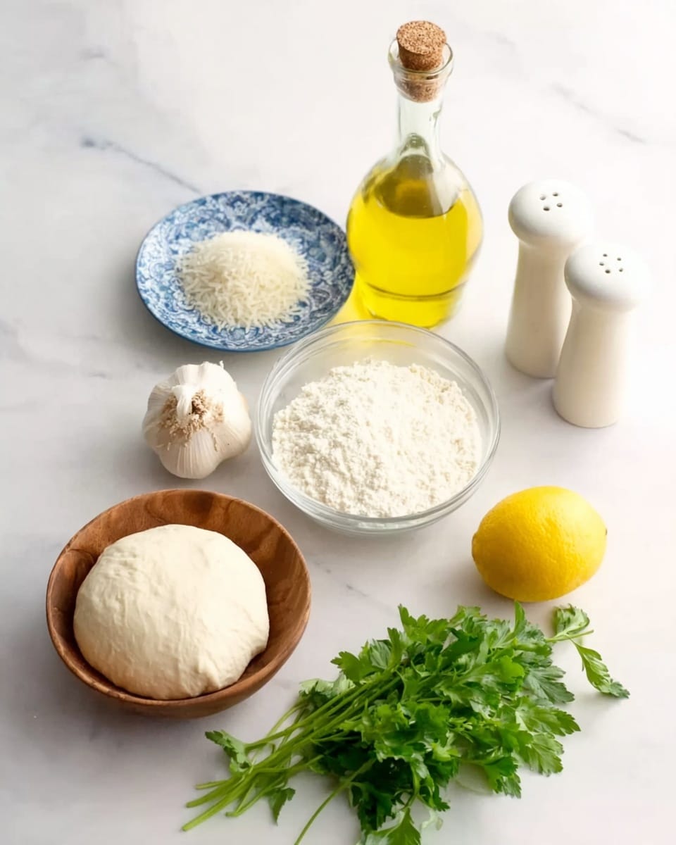 The image shows a clear glass bowl filled with smooth, white dough placed on a white marbled surface. Nearby, a small blue and white patterned plate holds a round ball of white cheese. A wooden bowl containing white rice is also present. A bright yellow lemon sits next to the rice bowl, and fresh green parsley lies above it. Behind the parsley, there is a bulb of garlic. To the right side, a glass bottle with yellow oil and two white ceramic shakers are neatly arranged. Photo taken with an iphone --ar 4:5 --v 7