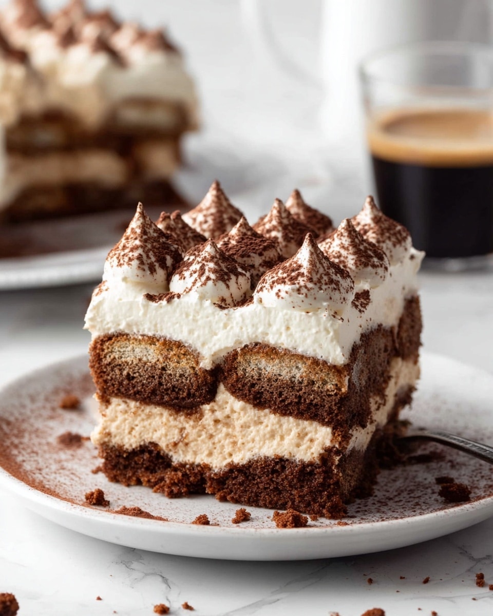 The image shows a thick slice of tiramisu on a white plate, placed on a white marbled surface. The dessert has three main layers: a dark brown, moist cake layer at the bottom, a creamy beige coffee-flavored layer in the middle, and another dark brown cake layer above it. On top, a thick layer of white whipped cream is piped into small peaks, each dusted with a rich layer of dark cocoa powder. Some crumbs and cocoa powder are scattered around the base of the slice on the plate. In the background, a round white dish with more tiramisu and a glass of dark coffee are slightly out of focus. Photo taken with an iphone --ar 4:5 --v 7