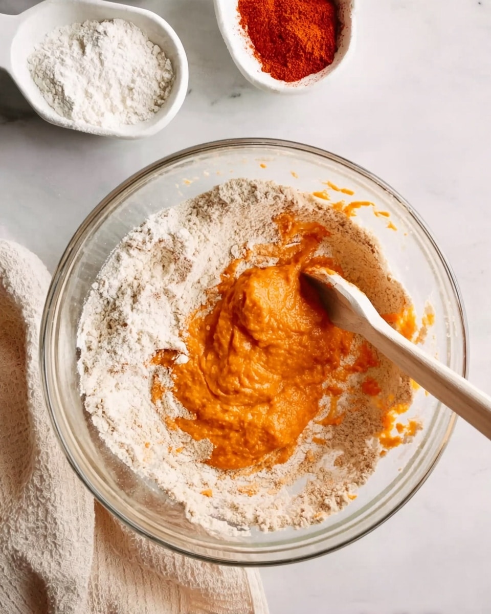 A clear glass bowl sits on a white marbled surface, containing two main layers of ingredients: a light beige flour mixture with visible small lumps, and on top of it a bright orange smooth puree. A white wooden spoon is resting in the bowl, partially covered in the orange puree and mixture. In the top left corner, two white scoops of dry ingredients sit on the white marbled surface, one filled with white flour and the other with red powder. A light, off-white cloth is partly visible under the bowl. Photo taken with an iphone --ar 4:5 --v 7