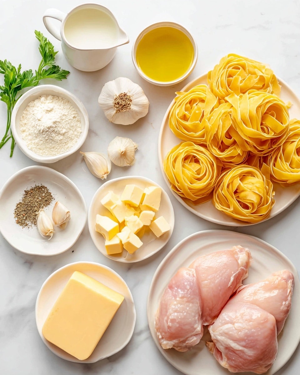 The image shows two raw pink chicken pieces placed side by side in a white bowl near the center. To the right, there is a white plate holding seven nests of yellow tagliatelle pasta arranged neatly. Above the chicken, there is a small white bowl filled with golden olive oil. To the far left, a white round plate holds three raw garlic cloves, a spoon with black pepper, a spoon with ground seasoning, a spoonful of white flour, and some green parsley stems spread around. Below that plate, a white shallow dish has a square block of pale yellow cheese, while a small white bowl nearby contains small cubes of yellow butter. In the bottom left corner, a small white cream pitcher with milk is positioned. All items are placed on a white marbled surface photo taken with an iphone --ar 4:5 --v 7