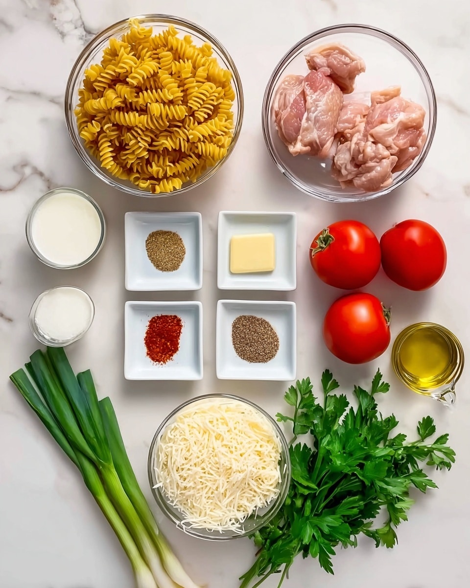 The image shows all the ingredients for a meal arranged neatly on a white marbled surface. There are two clear glass bowls at the top, one filled with yellow uncooked spiral pasta on the left and the other with two raw pink chicken pieces on the right. Below these, there are four small white square dishes in a row, each holding a different seasoning: pale yellow butter, red chili flakes, red-brown paprika, and black pepper. To the left, a clear glass bowl contains white cream. In the center bottom, a round white bowl holds shredded white cheese. Fresh green parsley leaves and a bunch of green onions lie next to the cheese bowl, pointing towards the right. Near the fresh herbs, two whole red tomatoes sit side by side. A small clear glass cup with golden olive oil is placed close to the tomatoes. The photo taken with an iphone --ar 4:5 --v 7
