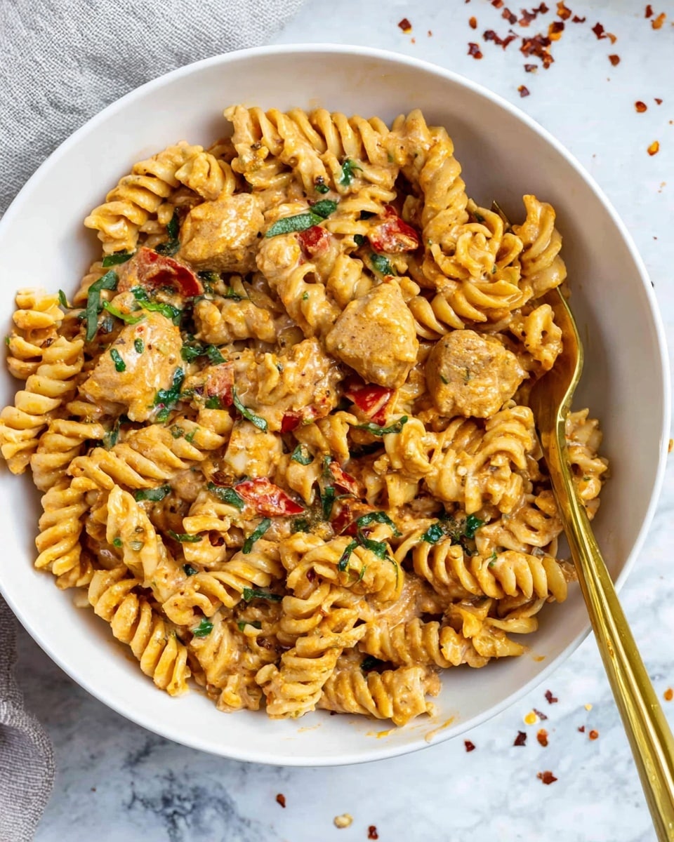A white bowl filled with rotini pasta mixed with creamy orange sauce, with visible green herbs and small pieces of red pepper scattered throughout. The pasta is mixed with chunks of light brown cooked meat coated in the sauce. A gold fork is resting inside the bowl on the right side, slightly sunk into the pasta. The bowl sits on a white marbled surface with scattered red chili flakes around. Photo taken with an iphone --ar 4:5 --v 7