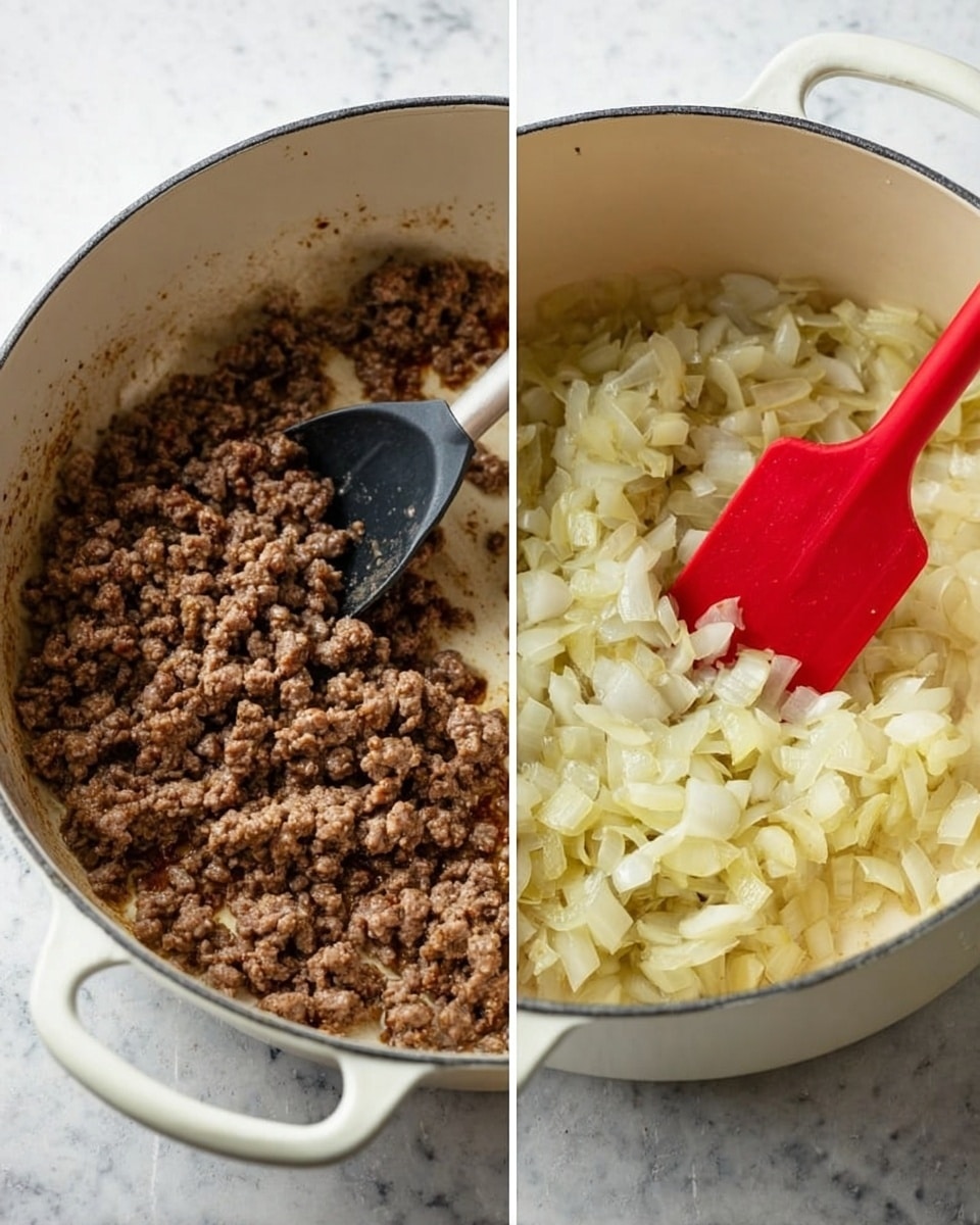 A close-up of two white cooking pots shown side by side on a white marbled surface; the pot on the left contains cooked ground meat that is brown and crumbly with a black spatula partly lifting the meat, while the pot on the right holds finely chopped translucent onions cooked in oil, stirred with a red silicone spatula, the onions appearing soft and slightly glossy; both pots have a smooth pale interior with slight browning from cooking visible at the edges photo taken with an iphone --ar 4:5 --v 7