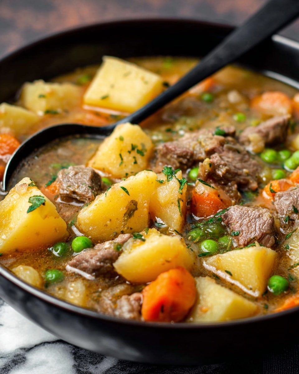 A close-up image of a black bowl filled with a stew layered with soft yellow potato chunks, orange carrot pieces, green peas, and browned beef chunks in a light brown broth. The stew is garnished with small bits of green herbs, giving a fresh touch. A black spoon rests in the bowl, partially submerged in the stew. The bowl sits on a white marbled textured surface, with a blurred background. photo taken with an iphone --ar 4:5 --v 7