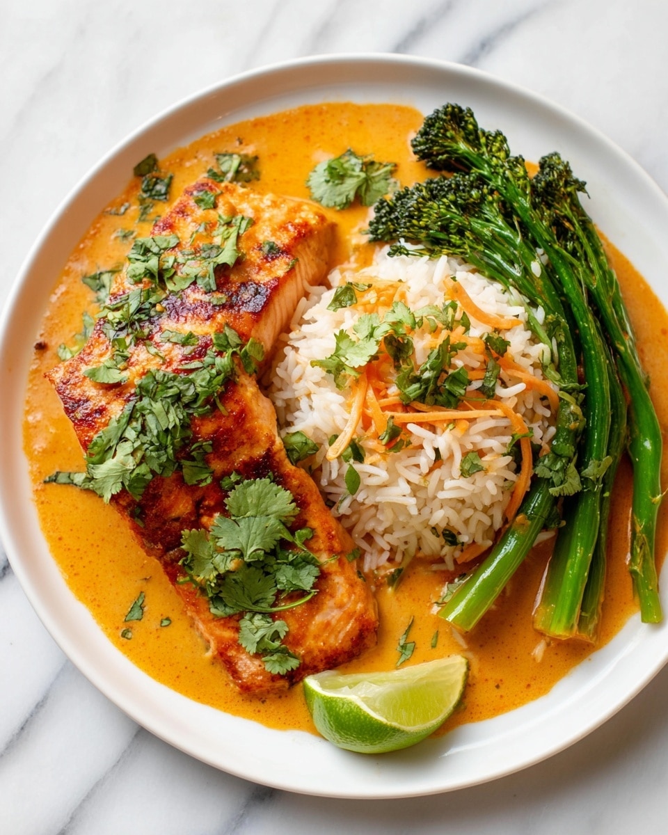 The dish shows a white plate with three main parts: a piece of grilled salmon on the top-left side, covered with green cilantro leaves and sitting in a rich orange sauce with a creamy texture; next to it on the right is a mound of white rice mixed with thin orange carrot strips and small green cilantro pieces; below the rice and salmon are bright green broccolini stalks partially soaked in the same orange sauce; a green lime wedge rests under the rice on the bottom-right edge of the plate. The plate sits on a white marbled surface. photo taken with an iphone --ar 4:5 --v 7