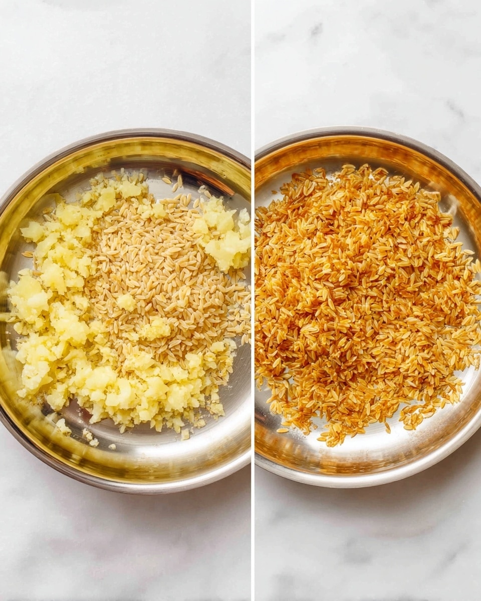 The image shows two round silver pans with a shiny surface on a white marbled background. The left pan has a mixture of lightly mashed pale yellow cooked potatoes spread unevenly along the edges, and a pile of plain light brown orzo pasta in the center. The right pan shows the same orzo pasta cooked to a golden brown with a toasted, slightly crispy texture, scattered evenly across the pan. Both pans are placed side by side, showcasing the before and after cooking stages of the orzo. photo taken with an iphone --ar 4:5 --v 7