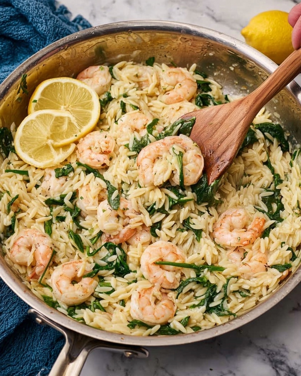 The image shows a metal pan filled with creamy orzo pasta mixed with light pink shrimp and green spinach leaves scattered throughout. The orzo is small and rice-shaped, with a soft, slightly shiny texture. On the left side of the pan, there are two thin, round slices of yellow lemon resting on the edge. A woman’s hand holds a wooden spoon stirring the mixture inside the pan, lifting some shrimp and orzo towards the right side. The background is a white marbled surface with a blue cloth partly visible. photo taken with an iphone --ar 4:5 --v 7