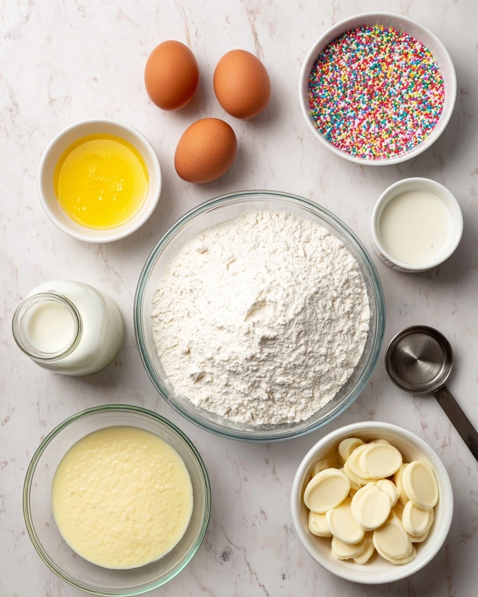 A top view of baking ingredients arranged on a white marbled surface, featuring a large clear glass bowl filled with white flour in the center; to the top left, a small white bowl holding melted butter with a yellow liquid texture; three brown eggs placed near the top center and right side; a small glass jar filled with white milk near the eggs; a small white bowl full of colorful sprinkles with thin, elongated shapes at the top right; a metal tablespoon with a small amount of clear oil near the left bottom; a glass bowl at the bottom left filled with smooth, creamy pale yellow batter; and a small white bowl filled with flat, oval white chocolate pieces at the bottom right, photo taken with an iphone --ar 4:5 --v 7
