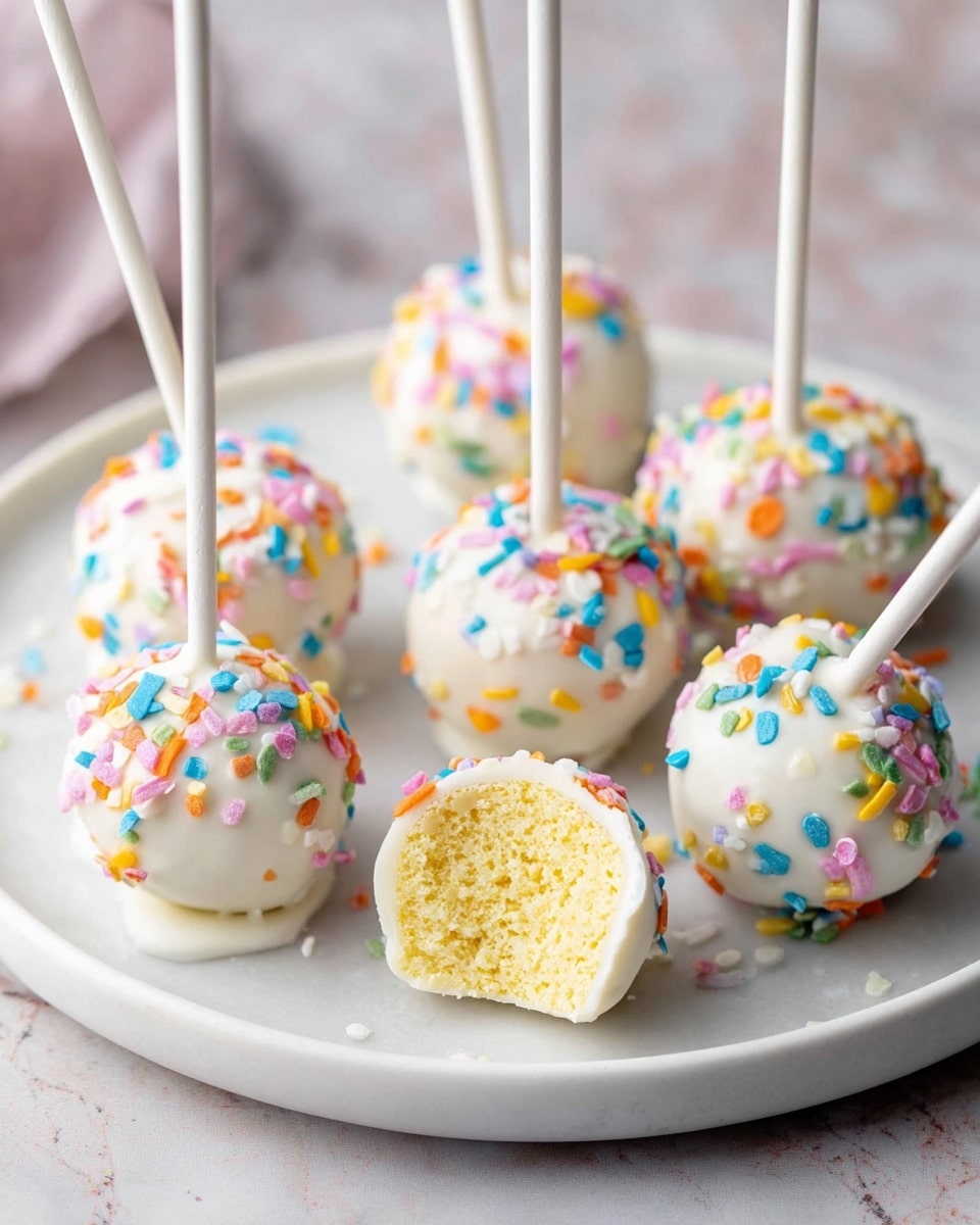 The image shows a white plate with eight cake pops arranged in a loose circle on a white marbled surface. Each cake pop has a smooth, white coating covered with small, colorful sprinkles in shades of pink, blue, yellow, green, and orange. One cake pop is in the front, slightly broken to show the inside layers of a soft yellow cake. Each cake pop has a white stick inserted, with the sticks pointing outward in different directions. The background is softly blurred, focusing on the cake pops. photo taken with an iphone --ar 4:5 --v 7