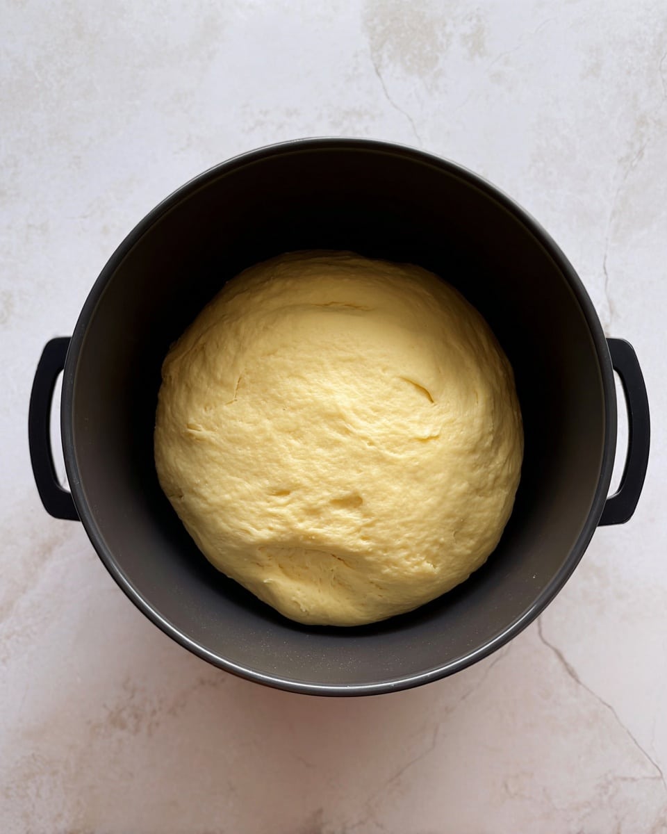 A smooth, pale yellow dough ball sits in the center of a black mixing bowl, with a soft and slightly puffy surface showing some gentle creases. The bowl has two small handles on opposite sides and contrasts with the light dough inside. The bowl is placed on a white marbled surface that adds a clean and bright look to the scene. photo taken with an iphone --ar 4:5 --v 7
