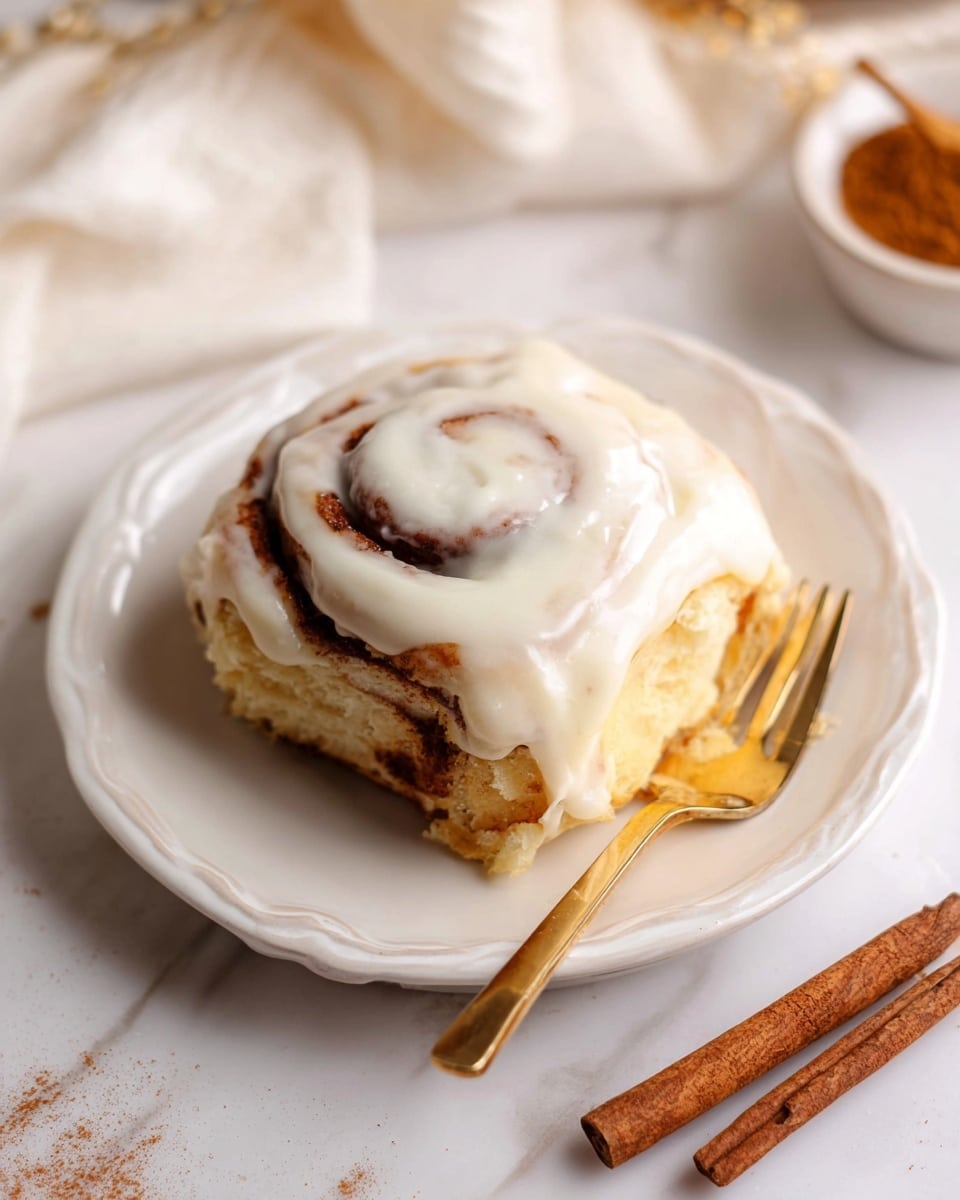 A soft cinnamon roll with three visible layers of light golden brown dough, swirled with dark cinnamon filling, topped generously with a smooth, creamy white icing that slightly drips over the edges. The roll sits on a white plate with a subtle scalloped edge, placed on a white marbled surface. To the right of the plate, a gold fork rests with its prongs touching the plate. Near the bottom right corner, two cinnamon sticks lie closely together on the surface. In the blurred background, a bowl with cinnamon powder and a white cloth are visible. Photo taken with an iphone --ar 4:5 --v 7