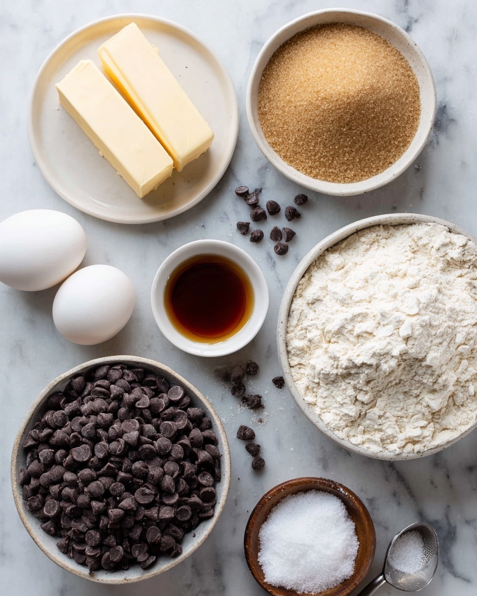 The image shows a top-down view of baking ingredients arranged neatly on a white marbled surface. Starting from the top right, there is a white bowl filled with light brown sugar, with some spilled on the edge. Next to it on the upper left is a small white plate holding two sticks of pale yellow butter. Below the butter on the left side are two white eggs lying next to small dark chocolate chips scattered on the surface. Centered is a small white bowl with a dark amber liquid, likely vanilla extract. To the right of this is a large white bowl filled with white flour, with some flour clumped in the center. At the bottom left, there is a larger white bowl filled to the brim with dark chocolate chips. Finally, on the bottom right, a small wooden bowl holds granulated white sugar with a metal measuring spoon resting on top. Photo taken with an iphone --ar 4:5 --v 7