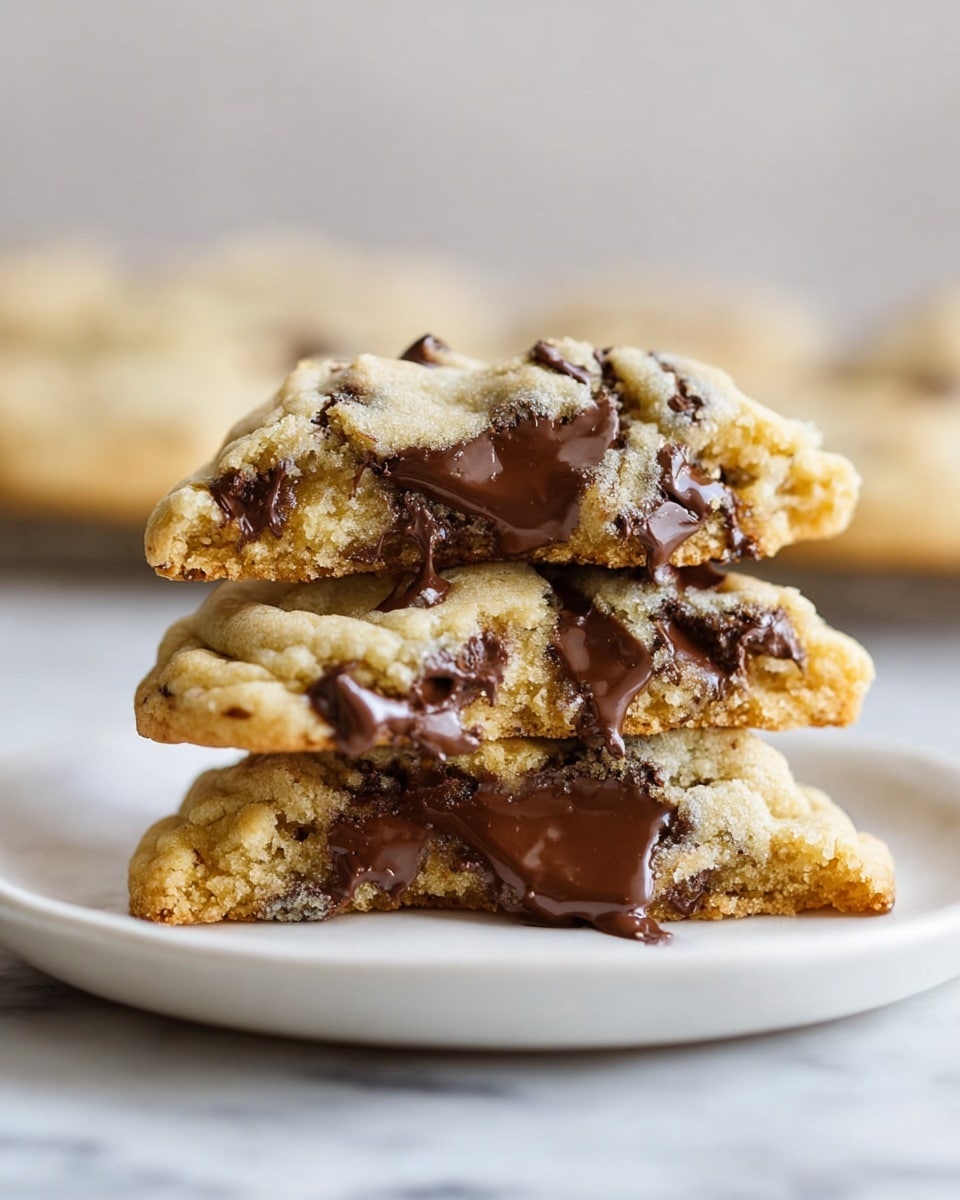 The image shows three soft, thick cookies stacked on top of each other on a small white plate. The cookies have a golden brown color with an uneven, slightly crumbly texture. Each cookie is filled with many melted dark chocolate chips, which ooze out from the layers, creating a rich, glossy shine that contrasts with the light dough. The bottom cookie lies flat on the plate, while the top two are stacked with rough edges exposed. The background is a white marbled surface, soft and out of focus. Photo taken with an iphone --ar 4:5 --v 7