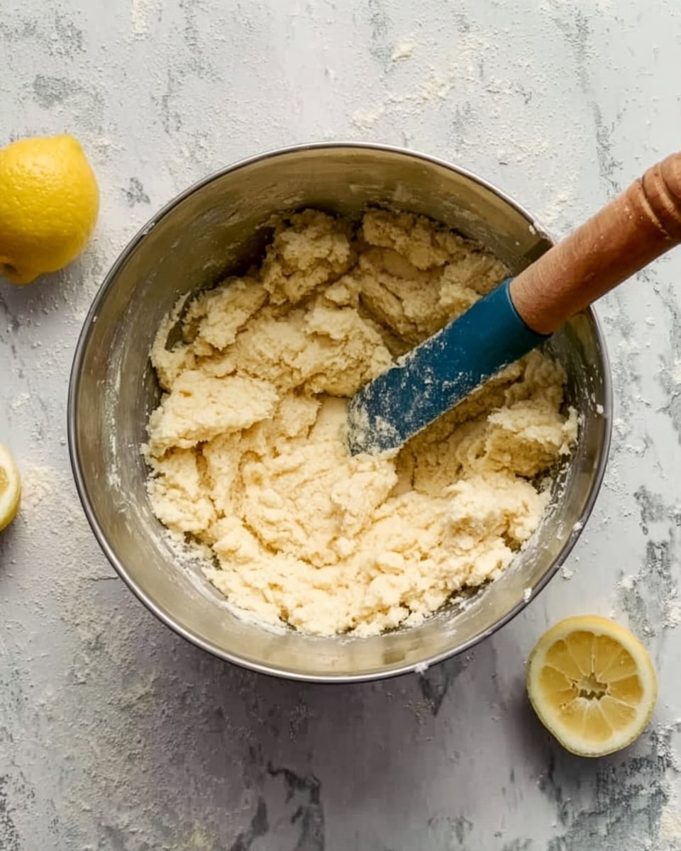 A silver mixing bowl filled with rough, pale yellow dough with a soft and crumbly texture sits on a white marbled surface. Inside the bowl, a spatula with a wooden handle and blue silicone head is partly embedded in the dough. Nearby on the surface, there are two halves of a bright yellow lemon. The scene shows a simple and natural baking preparation moment. Photo taken with an iphone --ar 4:5 --v 7