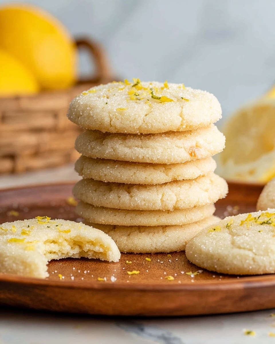 The image shows a stack of six round lemon sugar cookies on a wooden plate with a white marbled background. Each cookie is light golden with a soft, crumbly texture, topped with a fine layer of sugar and small pieces of yellow lemon zest scattered on top. One cookie from the stack has a bite taken out, revealing a soft inside. Around the stack, there are three more whole cookies lying flat on the wooden plate, also sprinkled with lemon zest and sugar. In the background, there is a blurred basket holding lemons. photo taken with an iphone --ar 4:5 --v 7