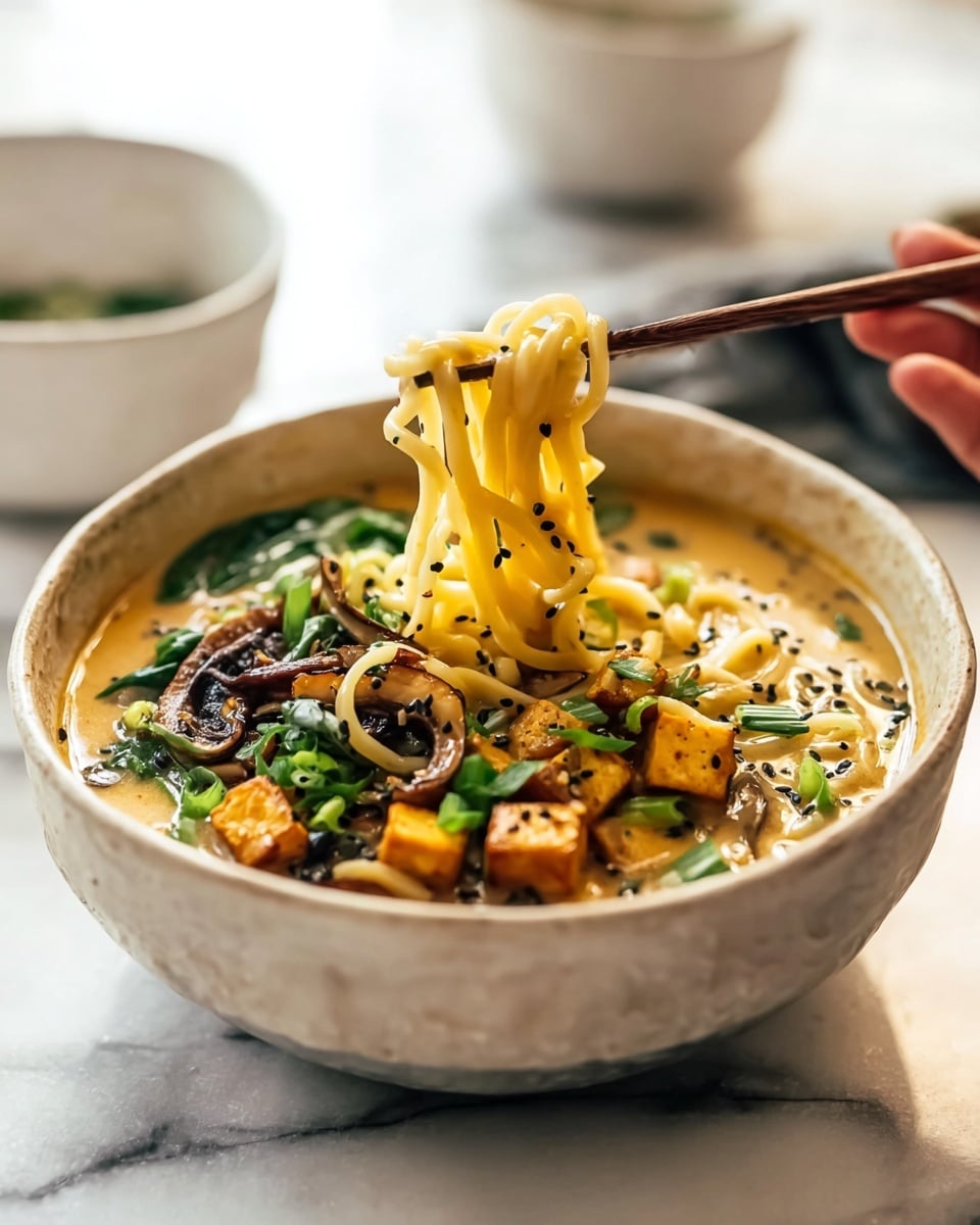 A white bowl is filled with three main layers: at the bottom, a creamy light brown broth with a smooth texture; in the middle, thick pale yellow noodles twisted and lifted by chopsticks held by a woman's hand; on the top, small golden brown cubes of tofu, dark green sliced scallions, and dark brown mushrooms scattered, with black sesame seeds sprinkled over everything. The bowl is placed on a white marbled surface with blurred white bowls in the background. Photo taken with an iphone --ar 4:5 --v 7