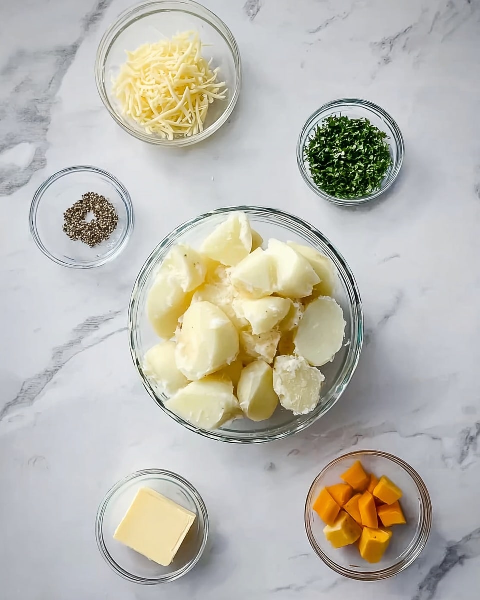 The image shows a clear glass bowl in the center filled with peeled and cut white potatoes, slightly stacked and unevenly shaped. Surrounding the main bowl, there are five small clear glass bowls arranged loosely on a white marbled surface. Starting from the top left, there is a bowl filled with pale yellow shredded cheese, next to it is a bowl with a small amount of black pepper. On the top right, a bowl holds finely chopped green herbs. Moving to the bottom left, a small bowl contains a chunk of pale yellow butter and another bowl with several small orange cubes, possibly cheese or vegetables. The lighting is natural and bright, highlighting the textures of the ingredients. Photo taken with an iphone --ar 4:5 --v 7