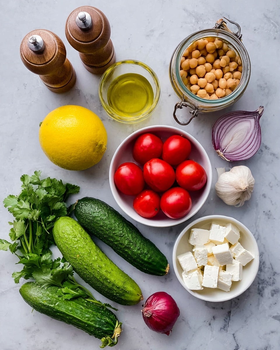The image shows a top view of fresh ingredients arranged on a white marbled surface. There is a bright yellow lemon and a dark avocado in the top left, near wooden salt and pepper shakers, with a small glass bottle of oil between them. To the right, an open can with chickpeas fills the top right corner. Below the lemon and avocado, a bunch of fresh green cilantro lies next to three long green cucumbers. To the right of the cucumbers, a white bowl filled with shiny red cherry tomatoes sits next to a small red onion and a single garlic clove. At the bottom right corner, a white bowl holds white cubes of cheese, possibly feta. photo taken with an iphone --ar 4:5 --v 7
