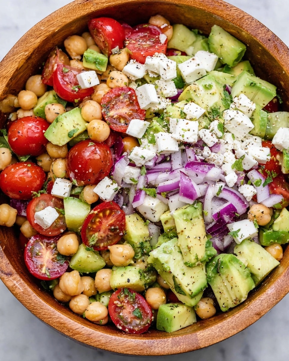 The image shows a colorful salad in a round wooden bowl on a white marbled surface. The salad has many layers: the bottom layer consists of light brown chickpeas, then bright red grape tomatoes, some whole and some cut in half. There are green cucumber pieces and light green avocado chunks mixed through the salad. Small cubes of white feta cheese are scattered on top along with thin strips of purple red onion. The salad is garnished with small green herbs and black pepper spread evenly over all the layers, giving a fresh and vibrant look. photo taken with an iphone --ar 4:5 --v 7