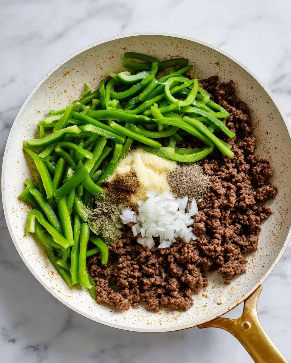 In a white frying pan with a golden handle, there is a base layer of cooked ground beef, dark brown in color with a crumbly texture. On top of the beef, there are bright green long slices of bell peppers spread out unevenly. In the center, a small pile contains finely chopped white onions, a heap of white granulated salt, minced light yellow garlic, and a mix of black and beige spices. The pan is placed on a white marbled surface, and the edges of the pan show slight browning from cooking. photo taken with an iphone --ar 4:5 --v 7