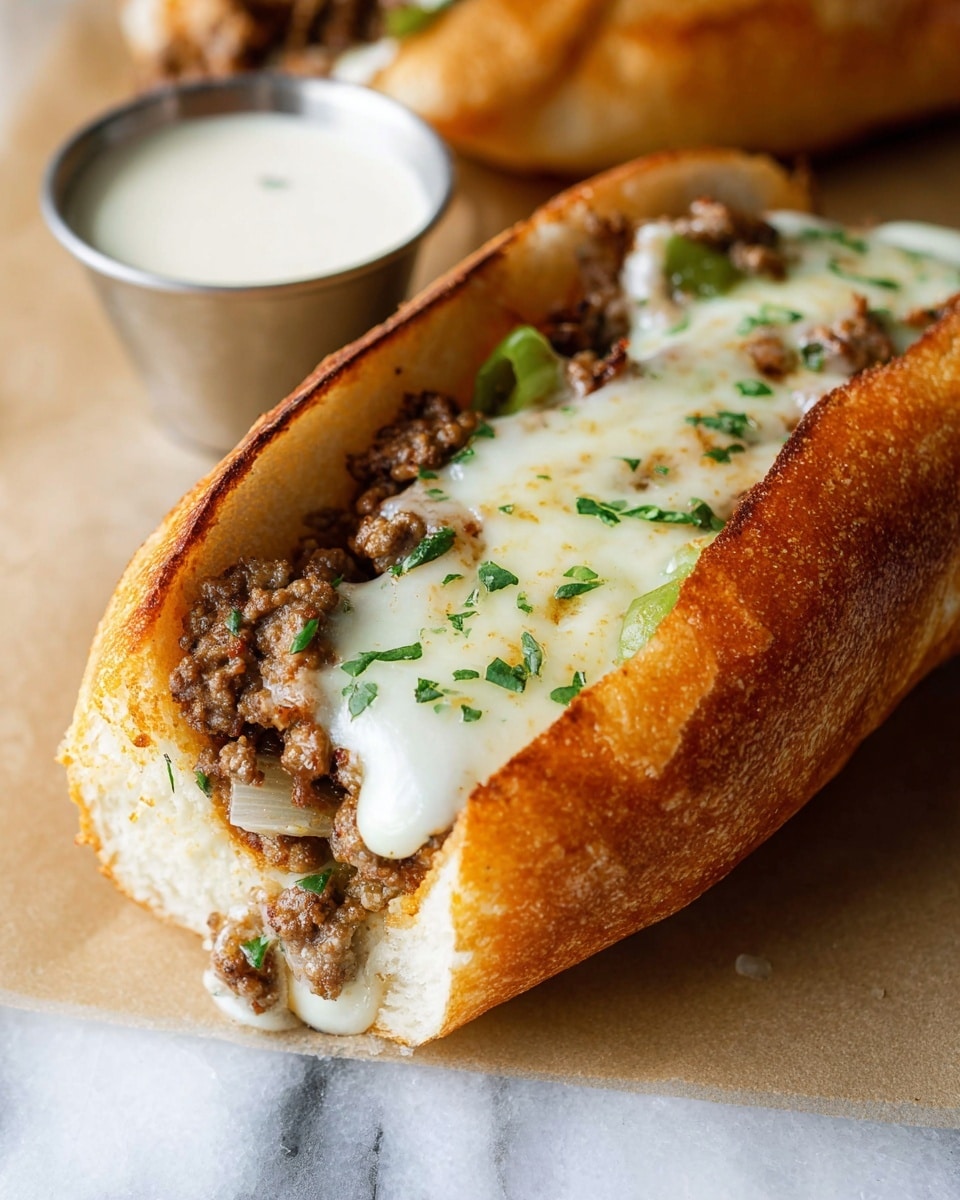 A close-up of a sandwich reveals a toasted golden-brown hoagie roll sliced open, holding a layer of browned ground meat mixed with small green pepper pieces and softened onions. On top of the meat is a thick layer of melted white cheese, slightly browned with small golden spots, sprinkled with finely chopped green herbs. The sandwich is placed on a piece of light brown parchment paper over a white marbled surface. In the background, there is a small silver cup with a creamy white dipping sauce and another sandwich faintly visible. Photo taken with an iphone --ar 4:5 --v 7