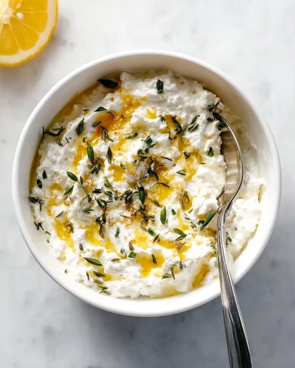 A small white bowl filled with a creamy white mixture that has a soft, fluffy texture. On top, there are small green herb leaves sprinkled evenly, adding fresh color contrast. A thin drizzle of golden yellow oil or sauce is spread across the surface, creating a shiny glaze effect. A silver spoon is resting inside the bowl, slightly submerged in the mixture. The bowl sits on a white marbled surface with a slice of lemon partly visible in the top left corner. Photo taken with an iphone --ar 4:5 --v 7