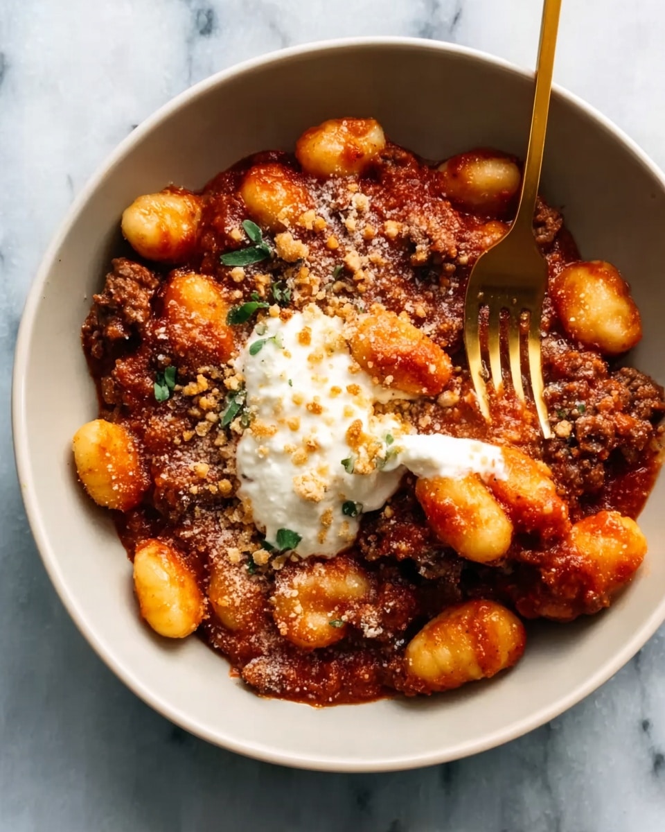 The image shows a white bowl filled with soft, round gnocchi covered in thick red tomato sauce mixed with small pieces of browned meat. On top, there is a dollop of creamy white sauce, melting slightly into the gnocchi and sauce. Sprinkled over everything are small crunchy bits and some green herbs. A golden fork twists some gnocchi and sauce from the bowl. The bowl sits on a white marbled surface. Photo taken with an iphone --ar 4:5 --v 7