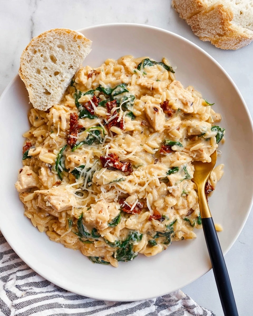 The image shows a white plate filled with a creamy pasta dish made of short, rice-shaped pasta mixed with bite-sized chunks of light-colored chicken, bits of sun-dried tomatoes, and green spinach leaves all coated in a rich light beige sauce with melted cheese on top. A golden spoon with a black handle is placed under the pasta on the right side of the plate. Above the plate, a half slice of bread with a soft, airy texture rests on a white marbled surface. A striped cloth napkin is partially visible along the bottom edge of the image. The photo taken with an iphone --ar 4:5 --v 7