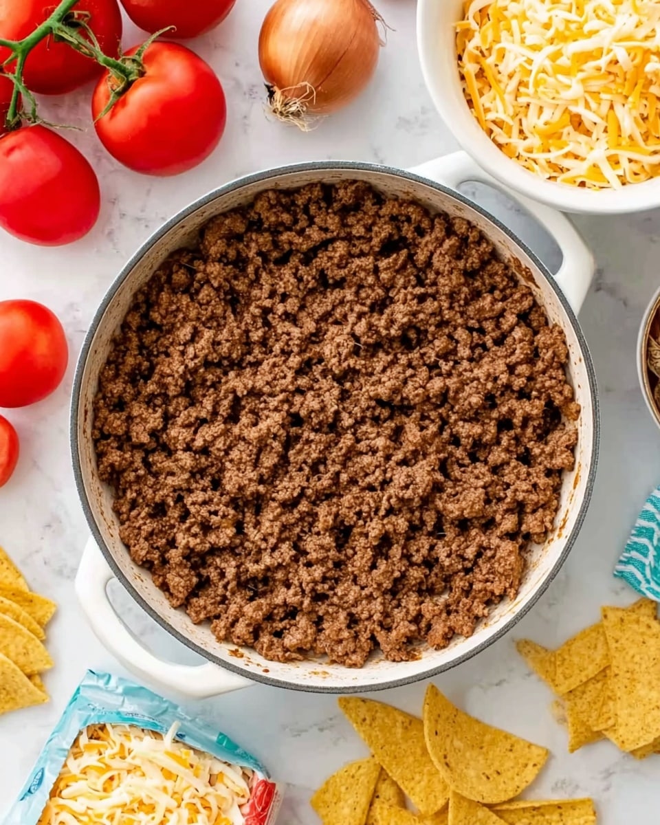 A white round pan filled with cooked ground beef that looks soft and brown, covering the entire inside of the pan. The pan has white handles and sits on a white marbled surface. Surrounding the pan are fresh red tomatoes on the vine, an onion with brown skin, a bag of taco shells with some shells spilled out, and a white bowl filled with shredded yellow and white cheese mixed together. Behind the ingredients, a woman's hand holds a white bowl partly visible at the top edge of the image. photo taken with an iphone --ar 4:5 --v 7
