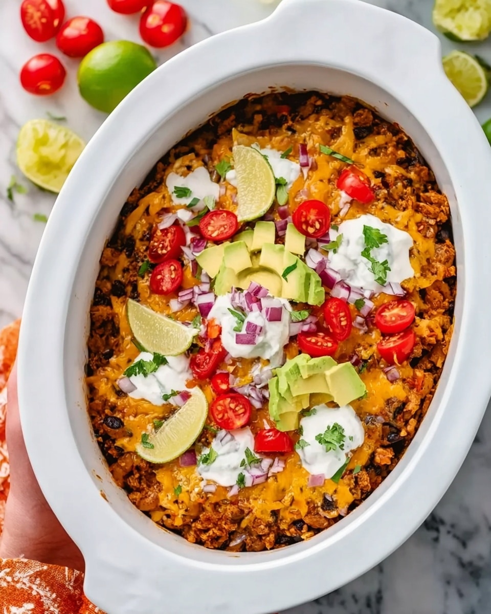 The dish is served in a white oval casserole dish placed on a white marbled surface. It has three main layers visible: a base layer of melted orange cheese mixed with browned ground meat and beans, a middle layer of chopped tomatoes and red onions scattered across the top, and a final layer of dollops of white sour cream and sliced avocado. Lime wedges sit on top for garnish, and a woman's hand is holding the dish from the left side. Bright cherry tomatoes and green lime halves are placed in the background. Photo taken with an iphone --ar 4:5 --v 7