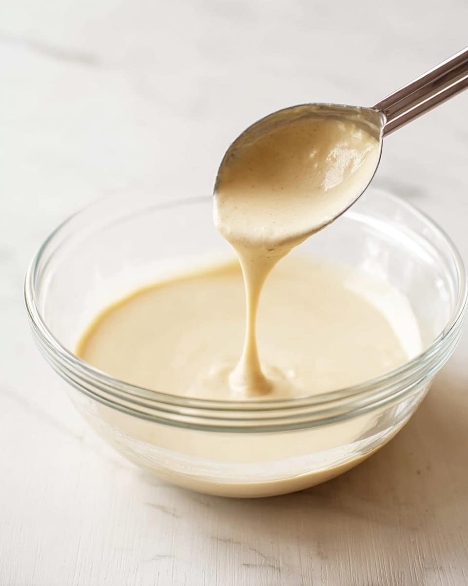 A clear glass bowl sits on a white marbled surface, filled with a smooth, light beige batter. A metal measuring scoop is held above the bowl, with the batter slowly dripping from the scoop back into the bowl, showing a creamy and thick texture. The light beige batter contrasts softly with the clear bowl and white marbled surface in the bright, natural light. Photo taken with an iphone --ar 4:5 --v 7