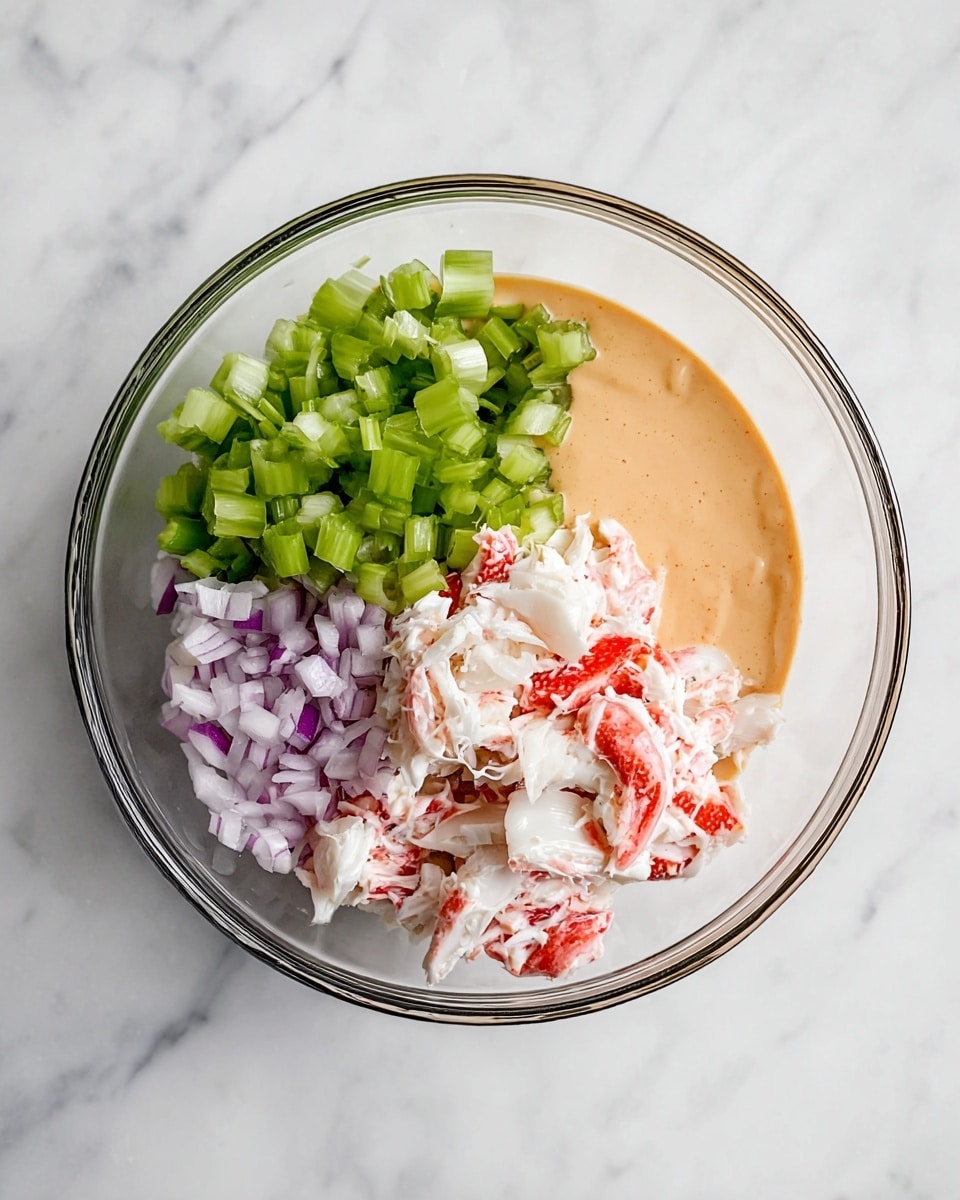 A clear glass bowl contains four layers of ingredients from top view: torn white and red pieces resembling imitation crab at the base, a pile of small chopped green celery pieces on the upper middle, finely chopped light purple onions on the lower left, and a smooth, light orange creamy sauce on the lower right side, all set on a white marbled surface photo taken with an iphone --ar 4:5 --v 7