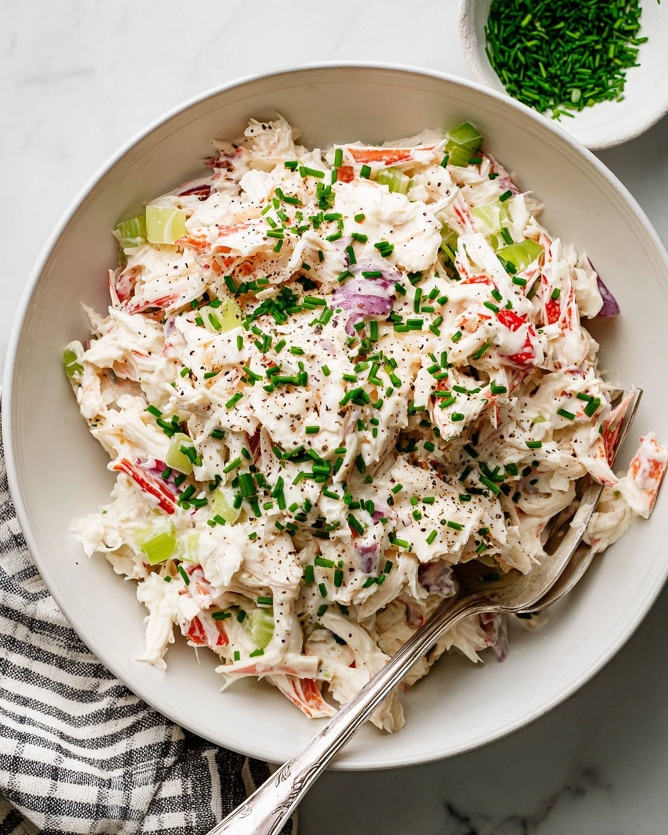 A close-up view of a white bowl filled with a creamy crab salad showing three main layers: a base of white and red shredded crab meat mixed with light green chopped celery pieces, a top layer of finely chopped purple shallots, and scattered bright green chopped chives sprinkled all over. The salad is creamy with visible black pepper specks on top, and a silver fork is placed on the right side partially inside the bowl. The bowl is placed on a white marbled surface, with a small white dish of additional chopped chives at the upper right corner and a striped cloth at the bottom left. Photo taken with an iphone --ar 4:5 --v 7
