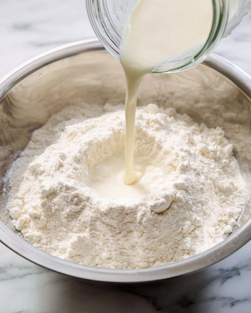 A shiny metal bowl is filled with a mound of white flour that has a small well in the center. From a clear glass jar held above, a light cream liquid is being poured into the well. The mixture looks dry and powdery with the smooth liquid starting to soak in. The bowl sits on a white marbled surface. photo taken with an iphone --ar 4:5 --v 7