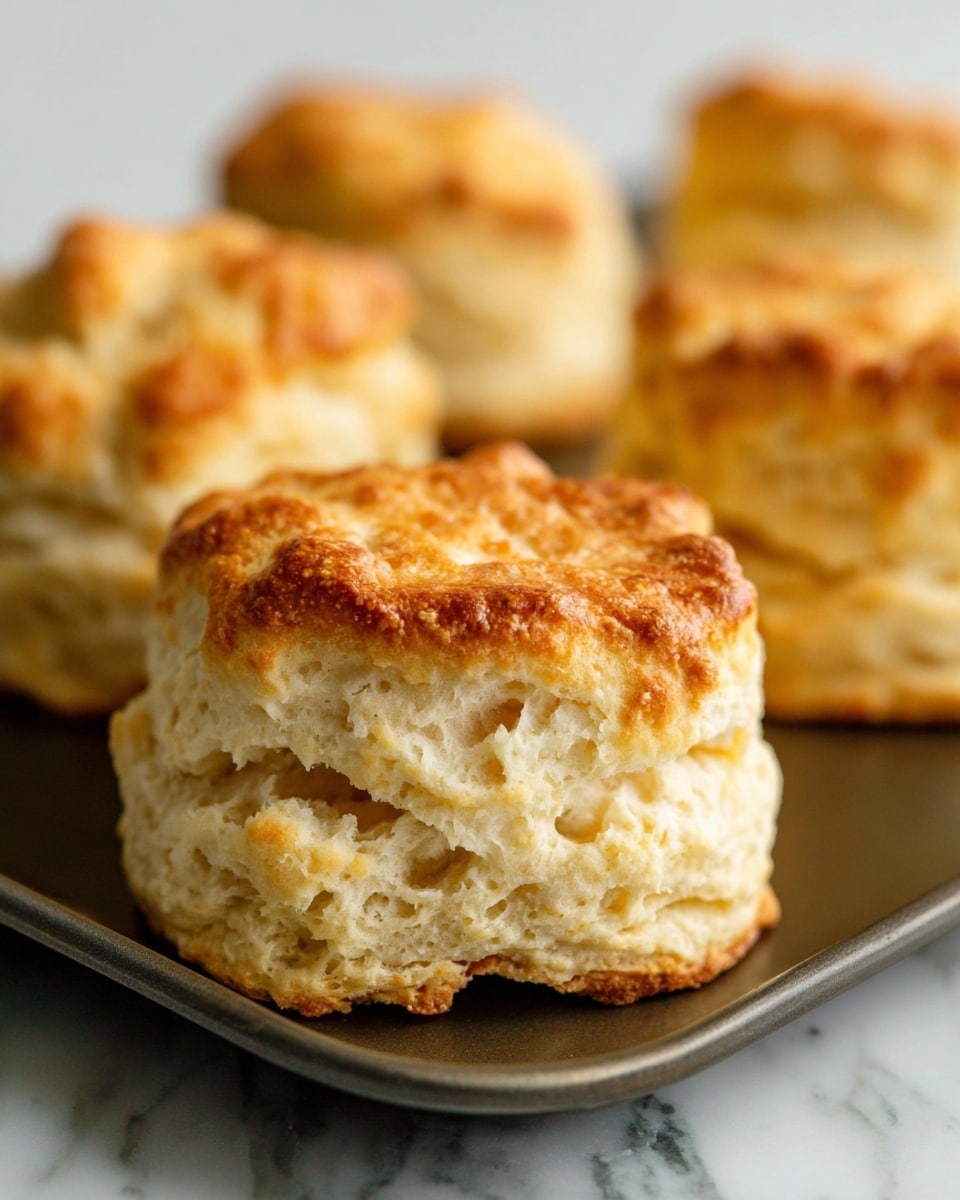 A close-up view of several golden brown biscuits with a slightly rough and crumbly texture, showing multiple soft, flaky layers inside. The biscuits sit on a dark baking tray that contrasts with their warm, light beige and golden colors. The biscuit in front is sharply focused, revealing its airy and fluffy inside, while the others softly blur in the background. The scene is set against a white marbled surface. photo taken with an iphone --ar 4:5 --v 7