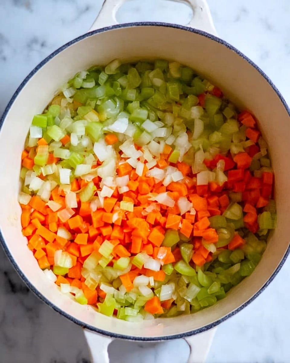 The image shows a white pot on a white marbled surface filled with three colorful layers of diced vegetables. The bottom layer is mostly pale green chopped celery, the middle layer contains vibrant orange carrot cubes, and the top layer has small pieces of white onion spread evenly. The colors are bright and fresh, and the texture looks soft but not mushy. The pot handle is visible at the top, and the whole scene is well-lit and clear. photo taken with an iphone --ar 4:5 --v 7