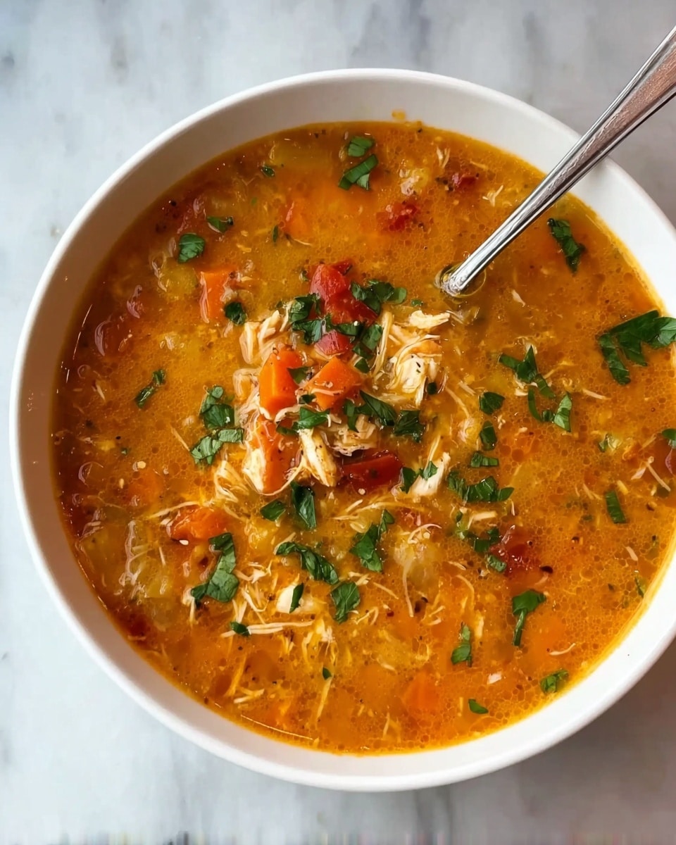 A white bowl filled with thick orange soup that has visible shredded white pieces and small chunks of red and orange vegetables. The soup is garnished with scattered fresh green herbs on top. A silver spoon is placed inside the bowl, partially lifting some soup and showing its chunky texture. The bowl is set on a white marbled surface. photo taken with an iphone --ar 4:5 --v 7