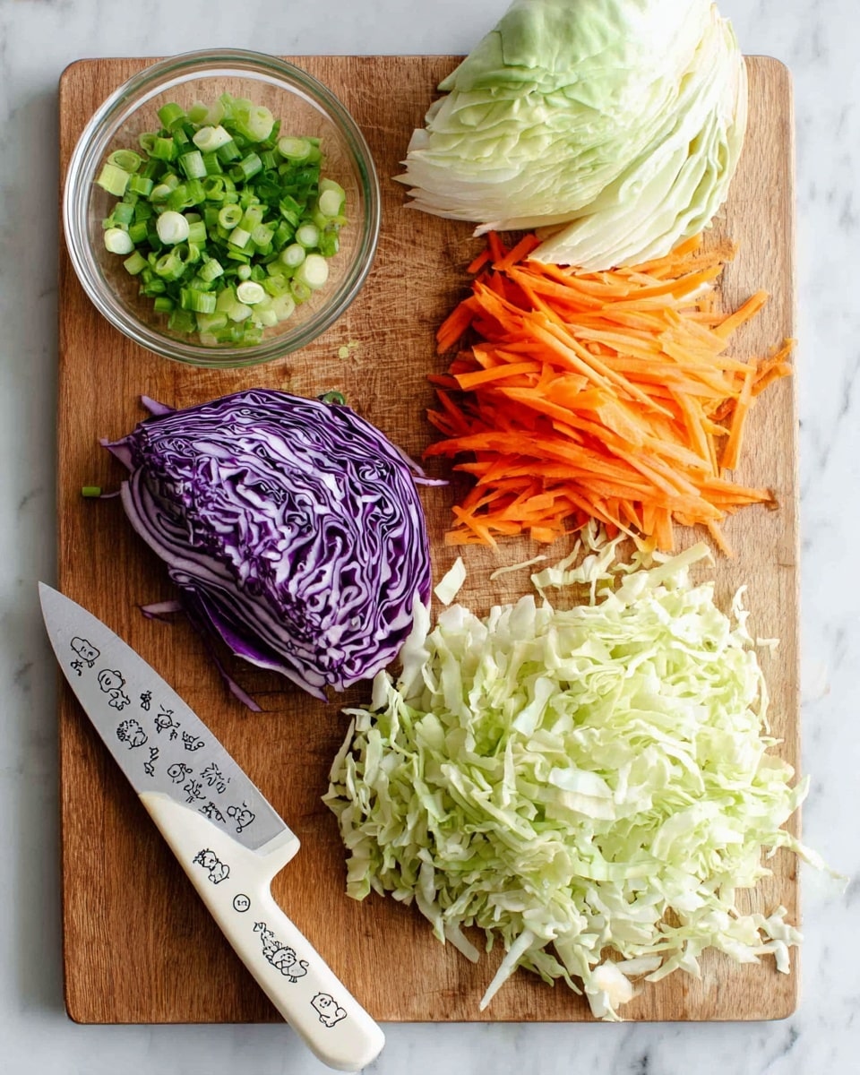 The image shows a wooden board with five components arranged neatly. On the left, a small clear glass bowl holds chopped green onions. Next to it, a pile of thinly sliced purple cabbage with white veins creates a fan shape. Above that, bright orange carrot strips are cut into thin ribbons stacked loosely. On the right, there is a large pile of thinly shredded pale green cabbage spread out. Below the shredded cabbage, a quarter of a green cabbage is placed, showing the solid inside. A sharp knife with a white handle featuring small drawings lies diagonally on the board near the shredded cabbage. The surface beneath the board is white with a marbled texture. Photo taken with an iphone --ar 4:5 --v 7