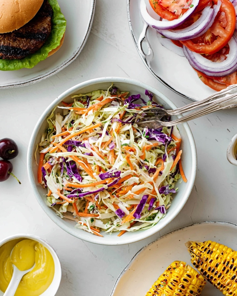 A white bowl filled with a colorful coleslaw made of shredded white cabbage, thin strips of orange carrots, purple cabbage, and bits of green herbs mixed in, with a spoon and fork resting inside the bowl. Around the bowl on a white marbled surface, there is a white plate holding a sandwich with green lettuce, a dark brown patty, tomato slices, and purple onion rings. On the side, there is a small white bowl containing bright yellow mustard with a spoon, and a white plate with four pieces of grilled corn on the cob showing light brown grill marks. Two cherries lie near the top of the image. photo taken with an iphone --ar 4:5 --v 7