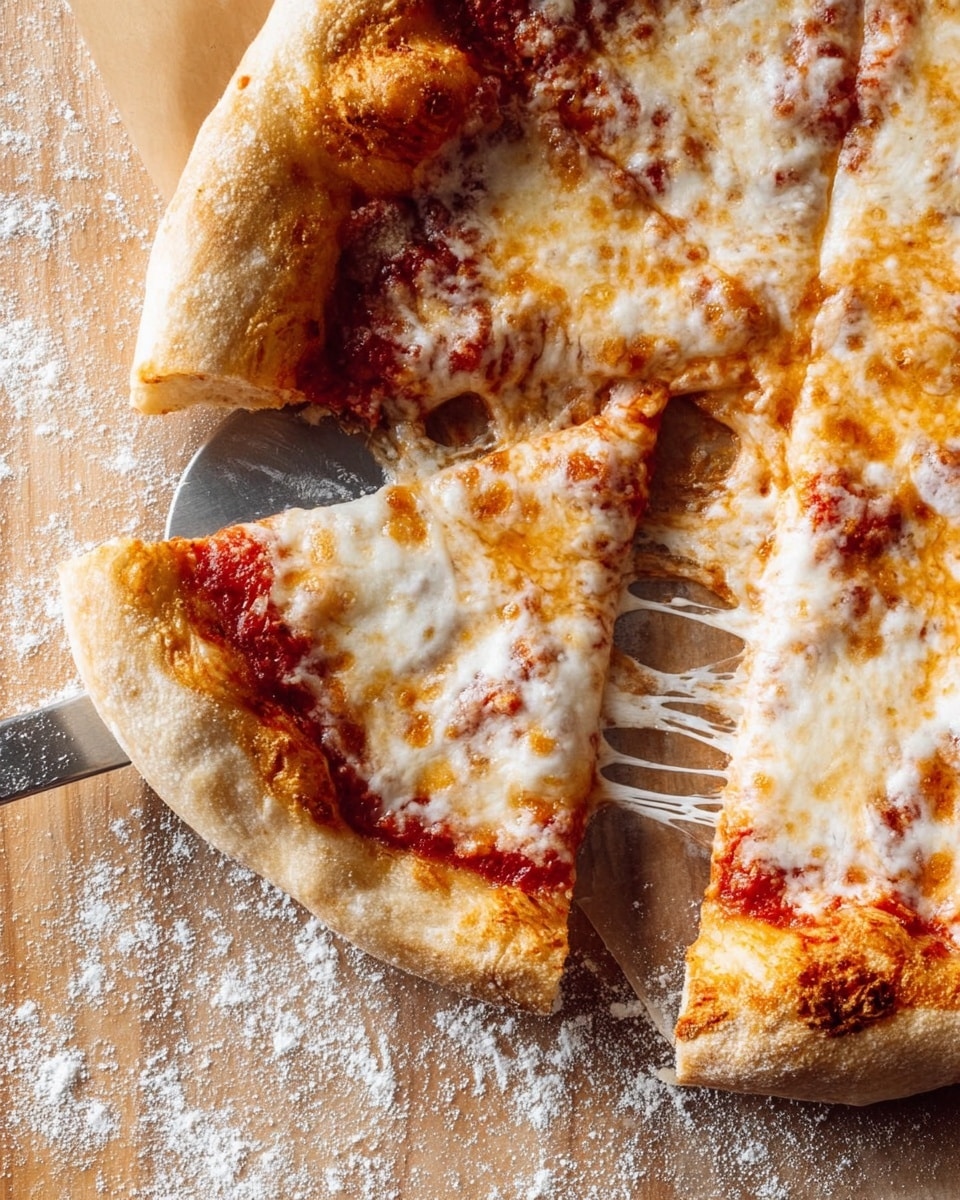 A close-up of a cheese pizza with one slice being lifted by a metal pizza peel. The pizza has a thick light golden crust with some browned spots and visible texture. The first layer is a rich red tomato sauce spread unevenly under a thick layer of melted mozzarella cheese that stretches in strings as the slice is lifted. The cheese is white with golden-brown bubbles scattered across the surface. The pizza rests on a piece of parchment paper on a light brown wooden surface dusted with white flour. photo taken with an iphone --ar 4:5 --v 7