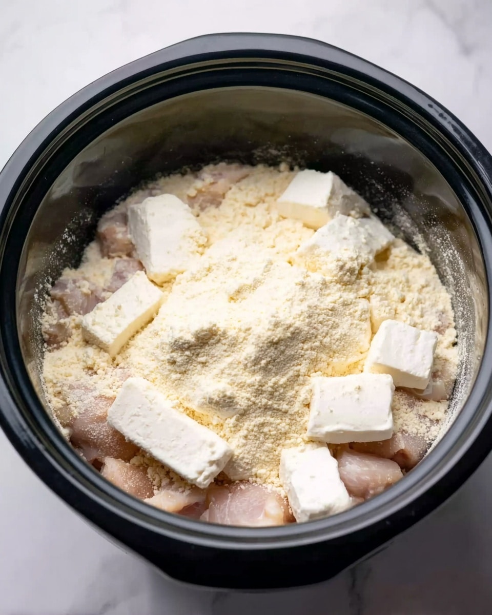 Inside a black slow cooker, there are several layers of ingredients. The bottom layer is raw pieces of chicken, showing a pale pink color. On top of the chicken are big white blocks of cream cheese scattered around evenly. The top layer is a light yellowish powder, covering the chicken and cream cheese almost fully. The slow cooker sits on a white marbled surface. Photo taken with an iphone --ar 4:5 --v 7