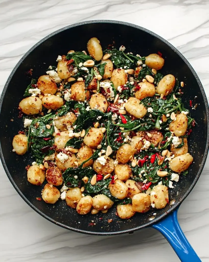 Pan Fried Gnocchi with Feta, Tomato, Spinach, and Toasted Pine Nuts Recipe