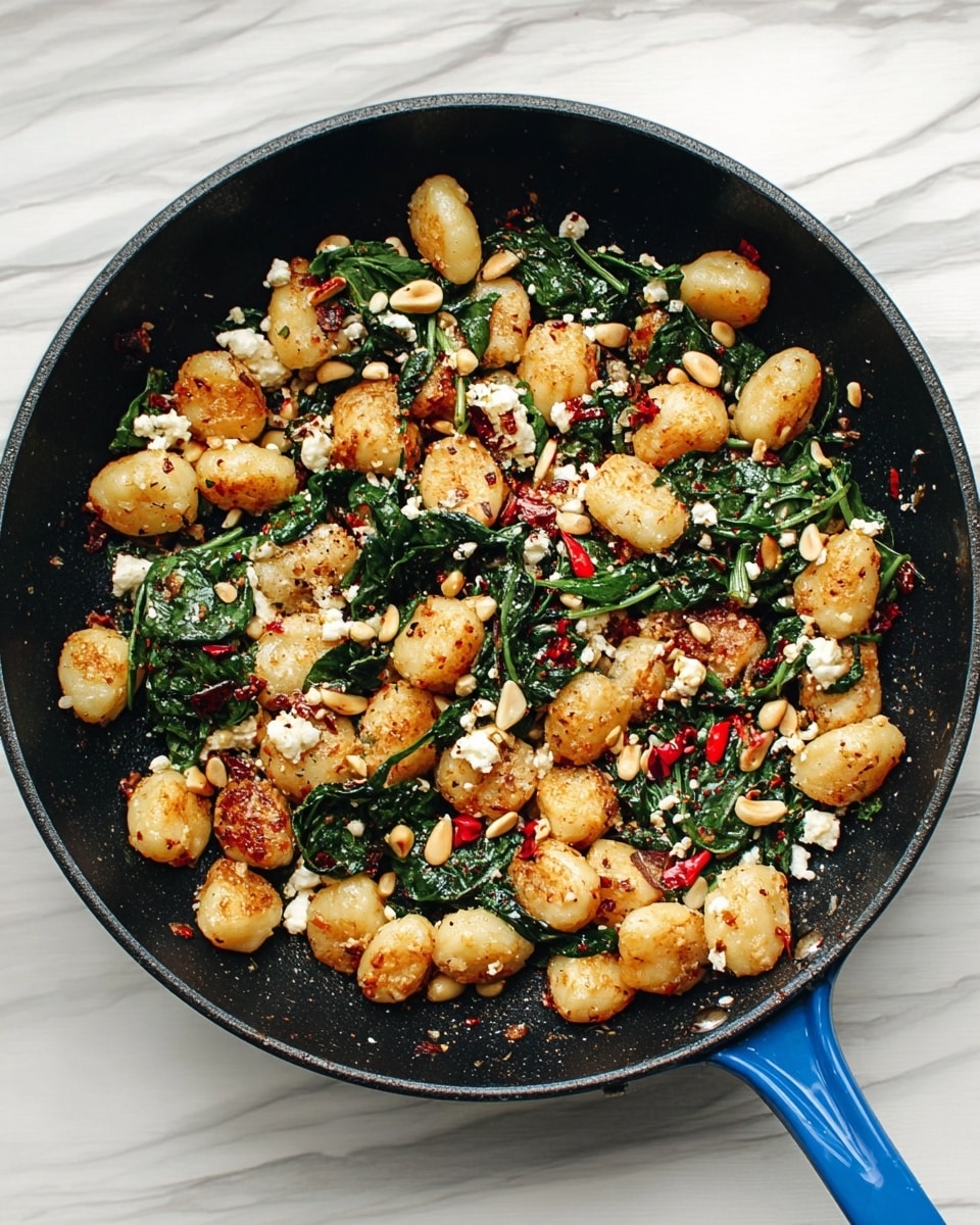 Pan Fried Gnocchi with Feta, Tomato, Spinach, and Toasted Pine Nuts Recipe