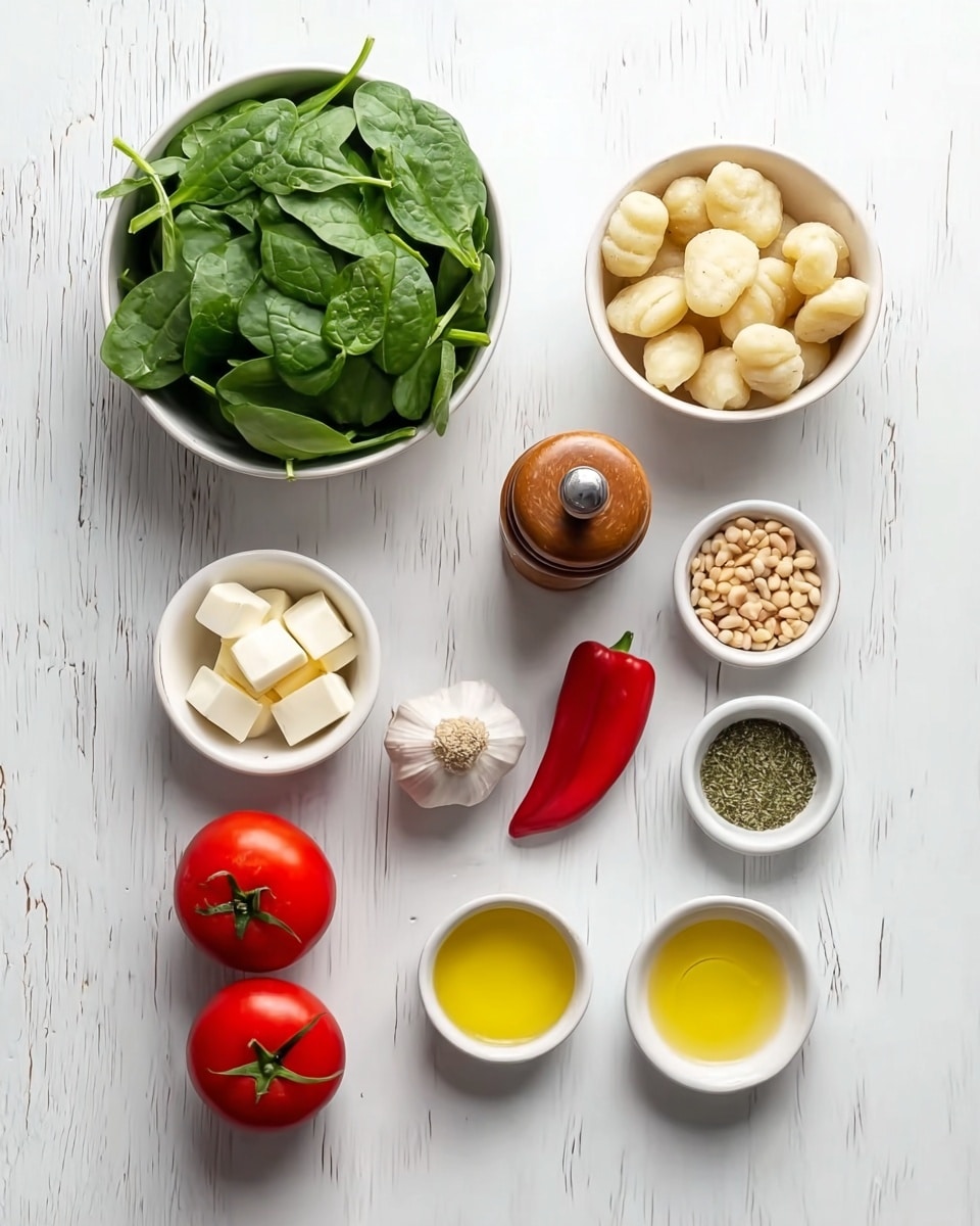 The image shows white bowls and fresh ingredients arranged in a clean, neat way on a white marbled surface. At the top left, a white bowl is full of fresh green spinach leaves, and to the right of it, another white bowl holds pale beige gnocchi pieces. Below these, there is a small white bowl with white cheese cubes on the left, a wooden pepper grinder in the center, and a small white bowl with tiny beige pine nuts on the right. Below these items, two red tomatoes with green stems sit on the left, three garlic cloves in the middle, and a bright red chili pepper on the right. At the bottom row, three small white bowls hold pale yellow butter, bright yellow olive oil, and green dried herbs from left to right. The overall look is bright and fresh, with all items spaced with clear white marbled surface visible between them photo taken with an iphone --ar 4:5 --v 7